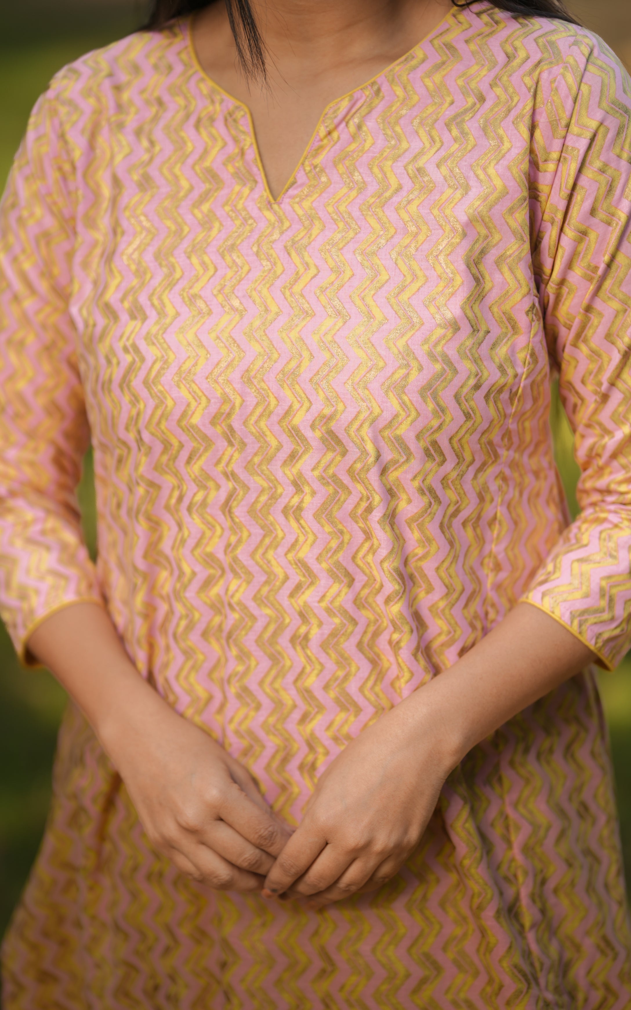 pink with golden stripes printed kurti 