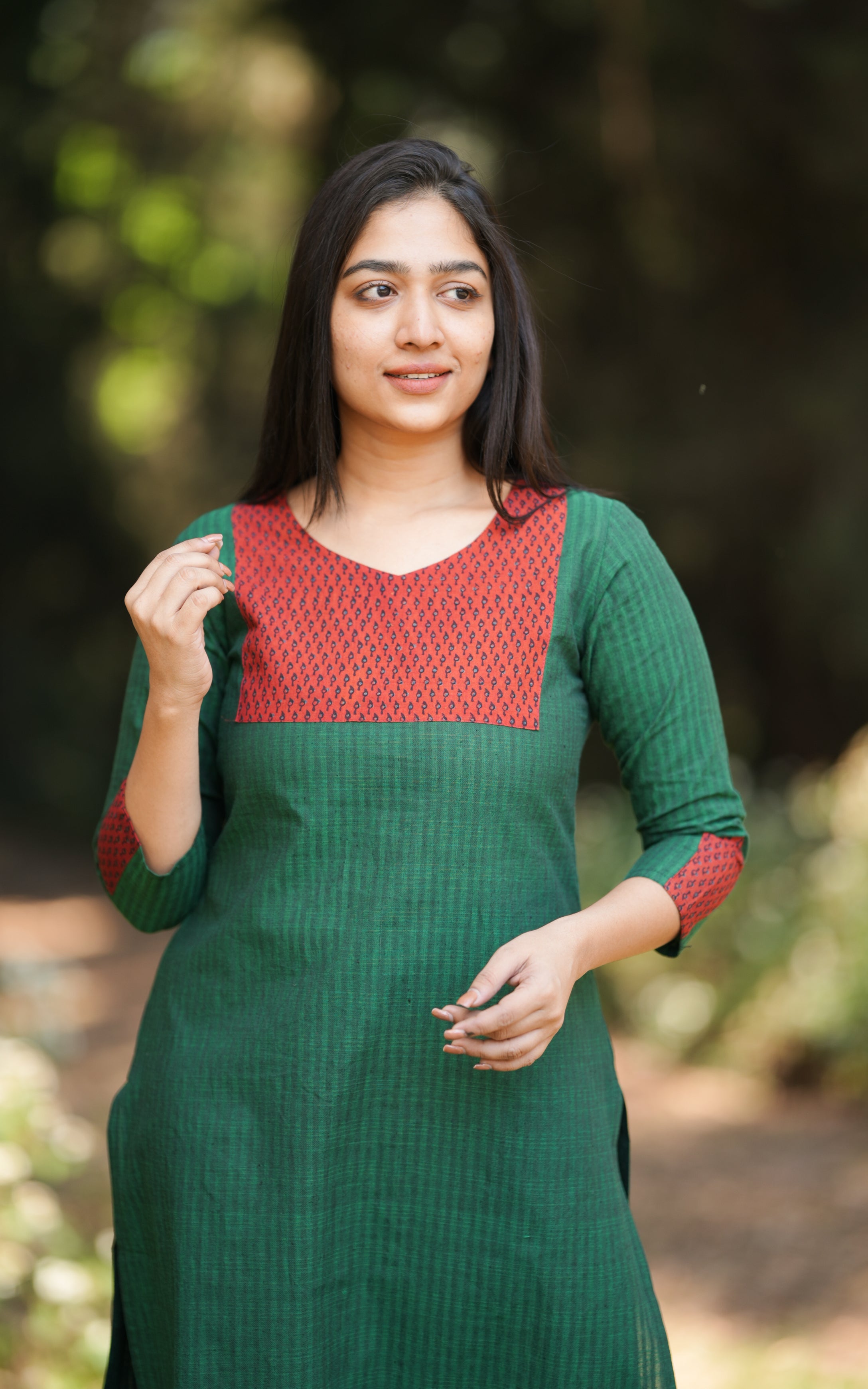 bottle green with red kurti [v neck ] [red neck ] 