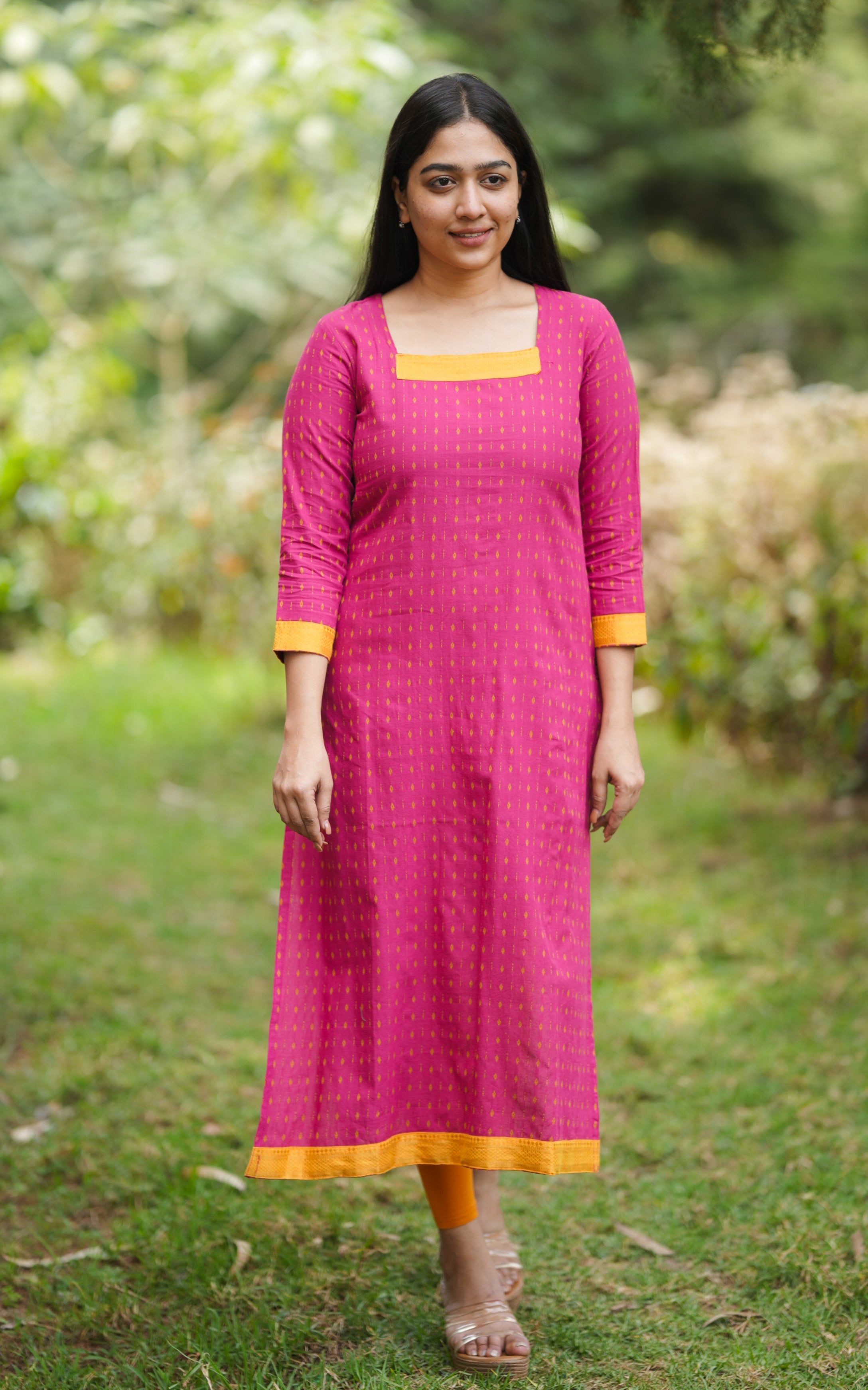 3/4th sleeves with pink and yellow border office wear college wear