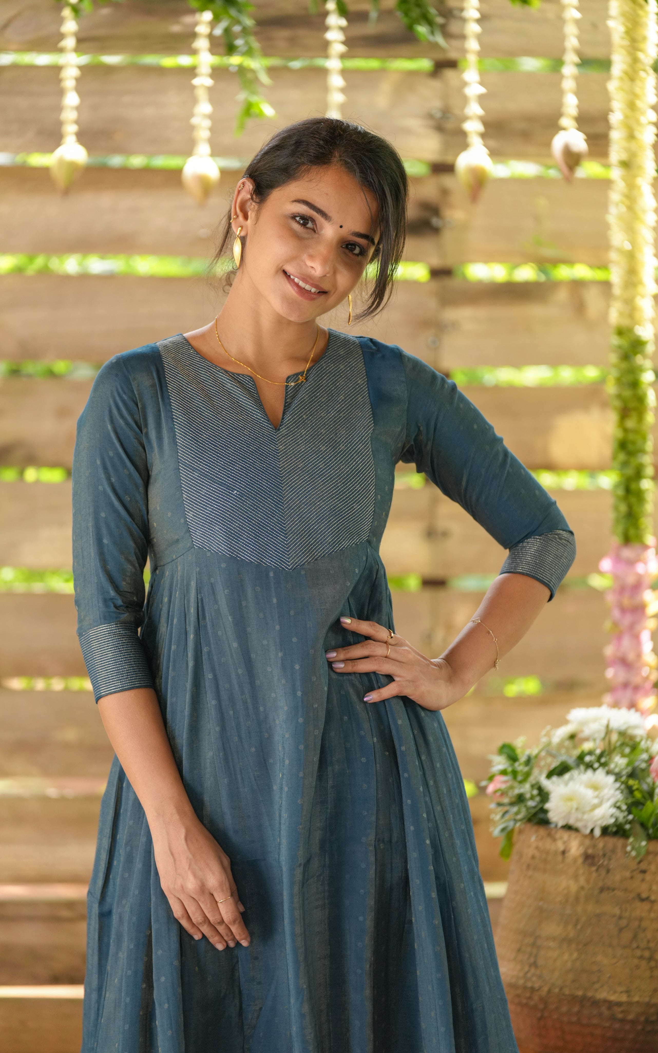Instore - Peacock Blue Silk Cotton Full Flared Anarkali Kurti, Designer Festive Ethnic Wear