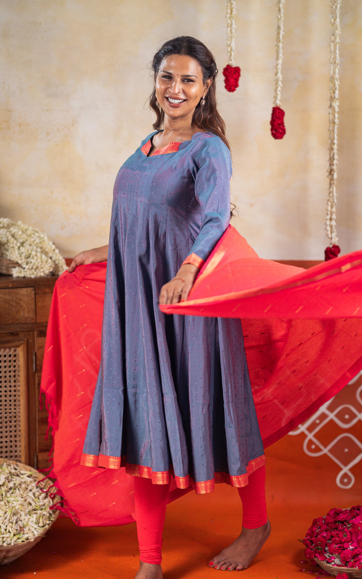 Navarathri Bluish Grey (Kurti+Dupatta)