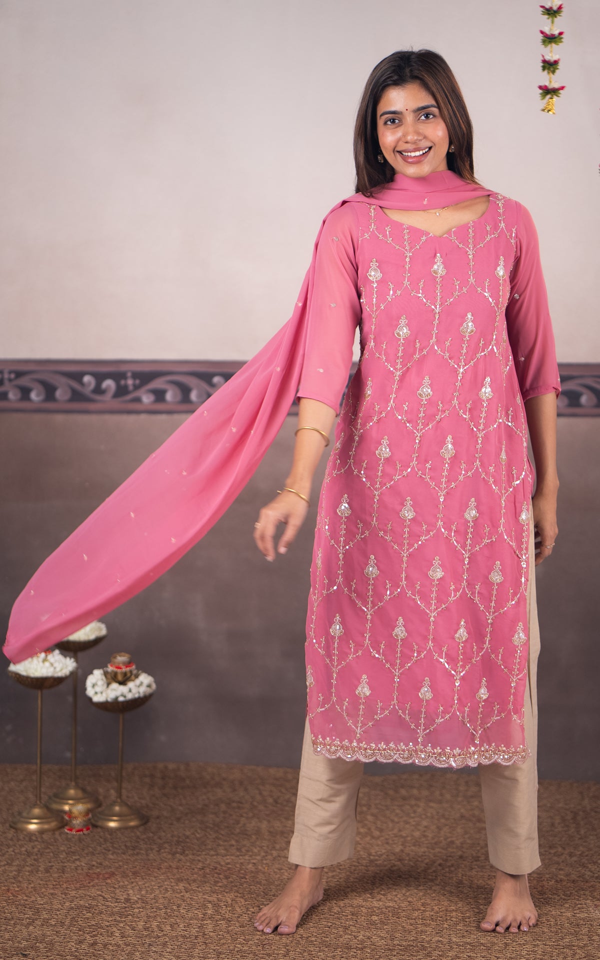 Stonework Light Pink (Kurti+Dupatta)