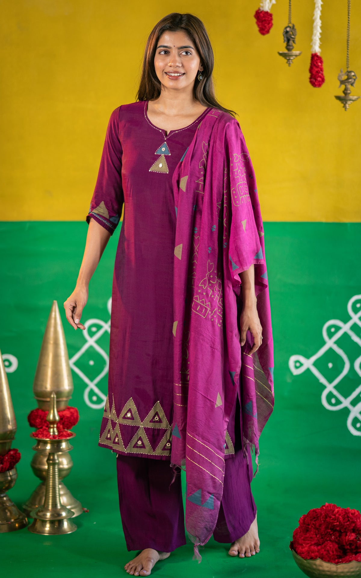 Diwali Casuals Handblock (Kurti+Pant+Dupatta)