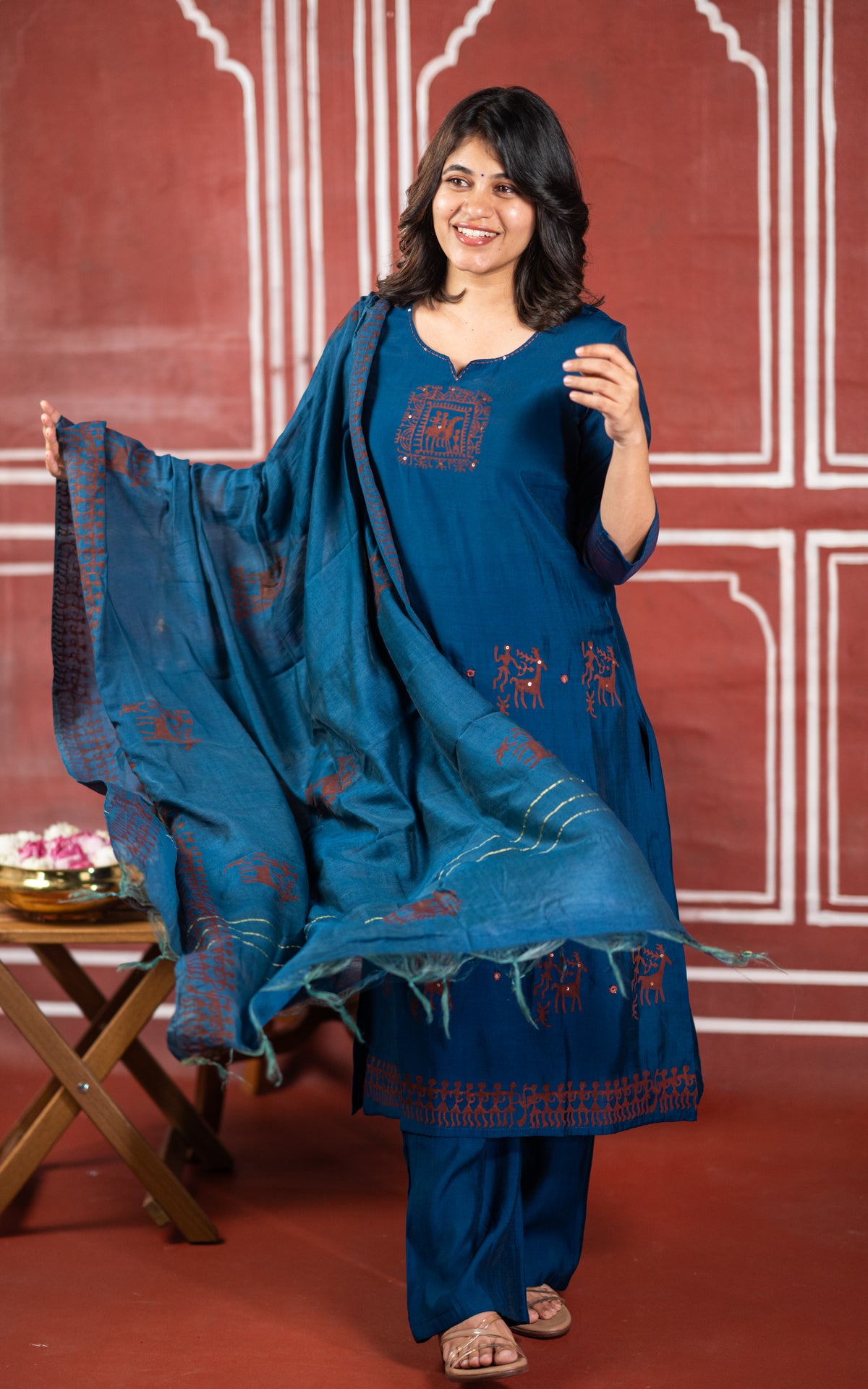 Diwali casuals B Handblock (Kurti+Pant+Dupatta)