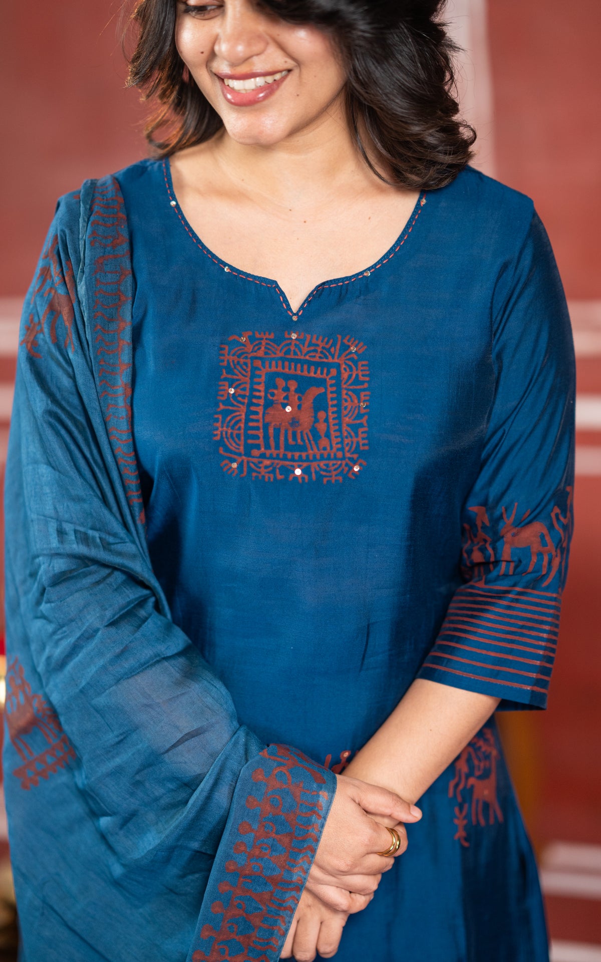 Diwali casuals Handblock B (Kurti+Pant+Dupatta)