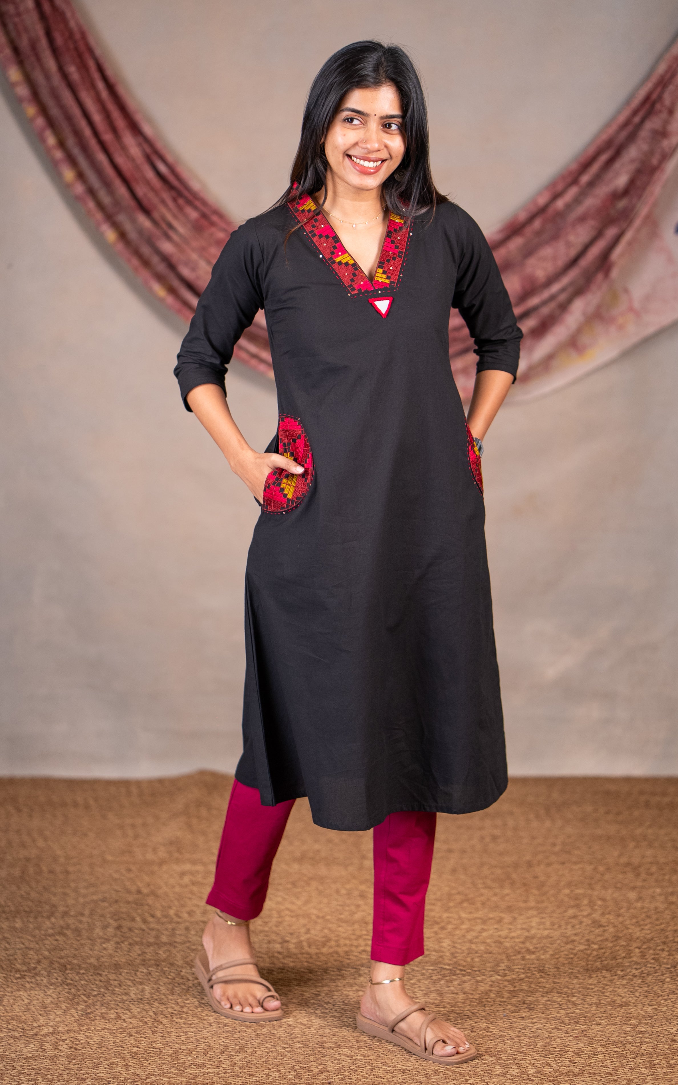 Women’s Black Cotton Embroidered Kurti with Dupatta – Stylish Daily Wear, Office Wear and Travel Friendly Outfit