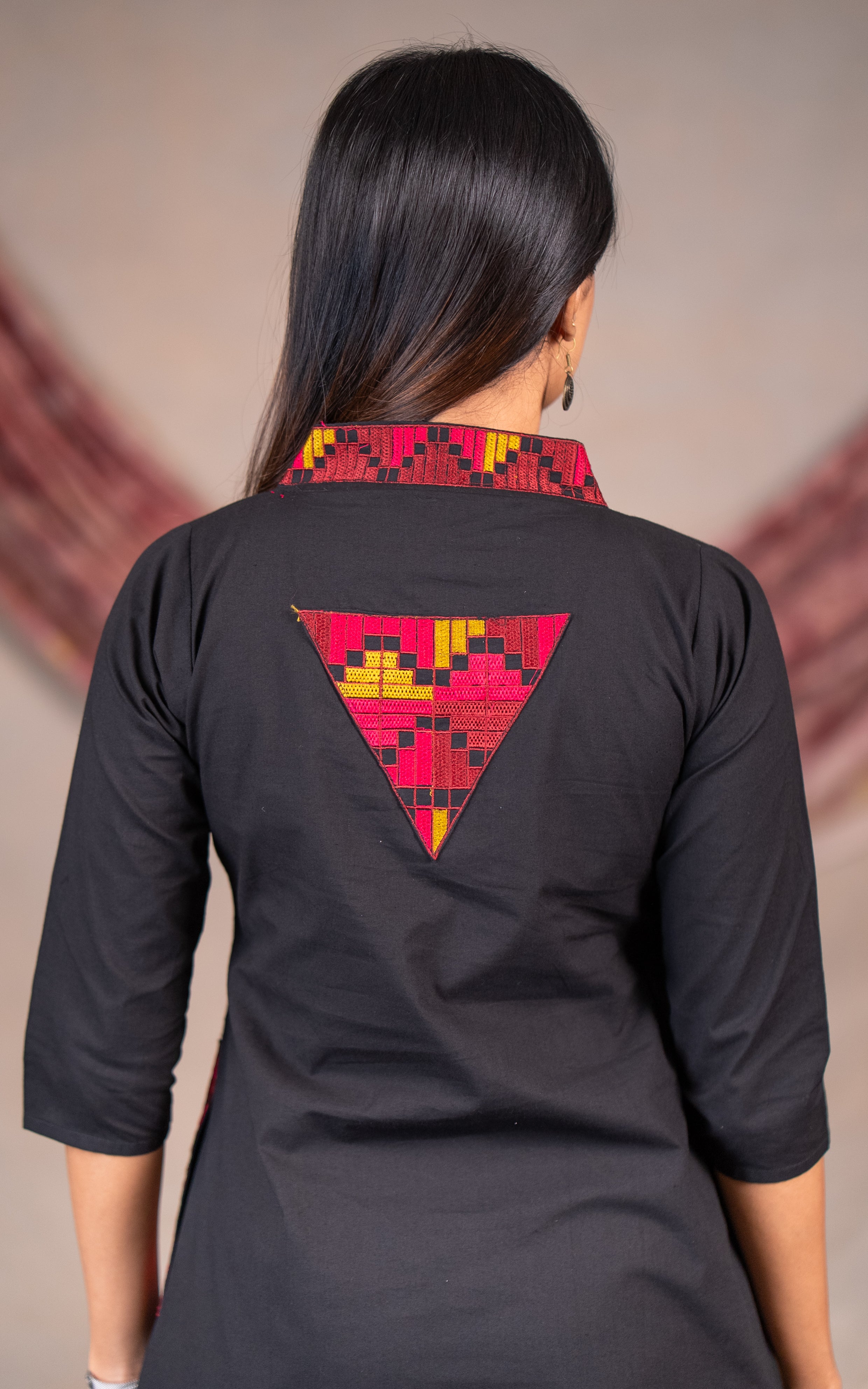 Black Cotton Embroidered Kurti with V Neck and Side Pockets with Dupatta – Comfortable Office Wear and Casual Wear