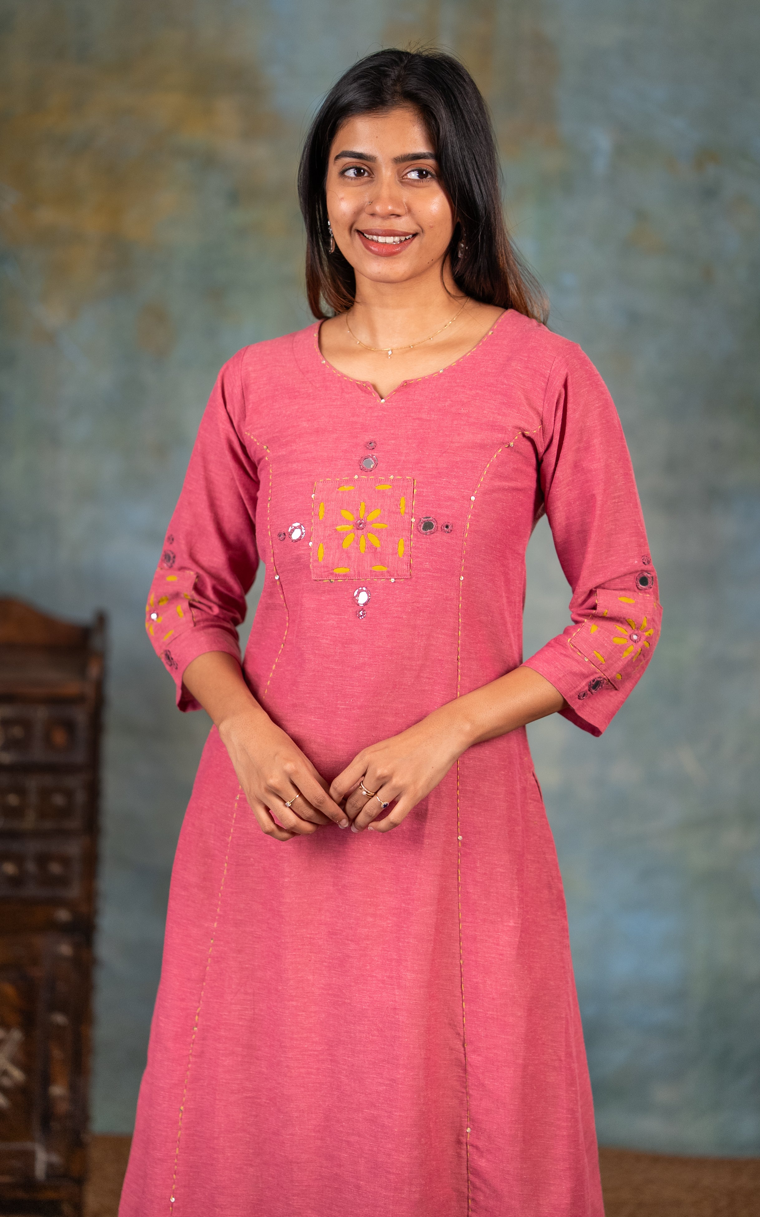 Thread and Mirror Embroidery Cotton Kurti