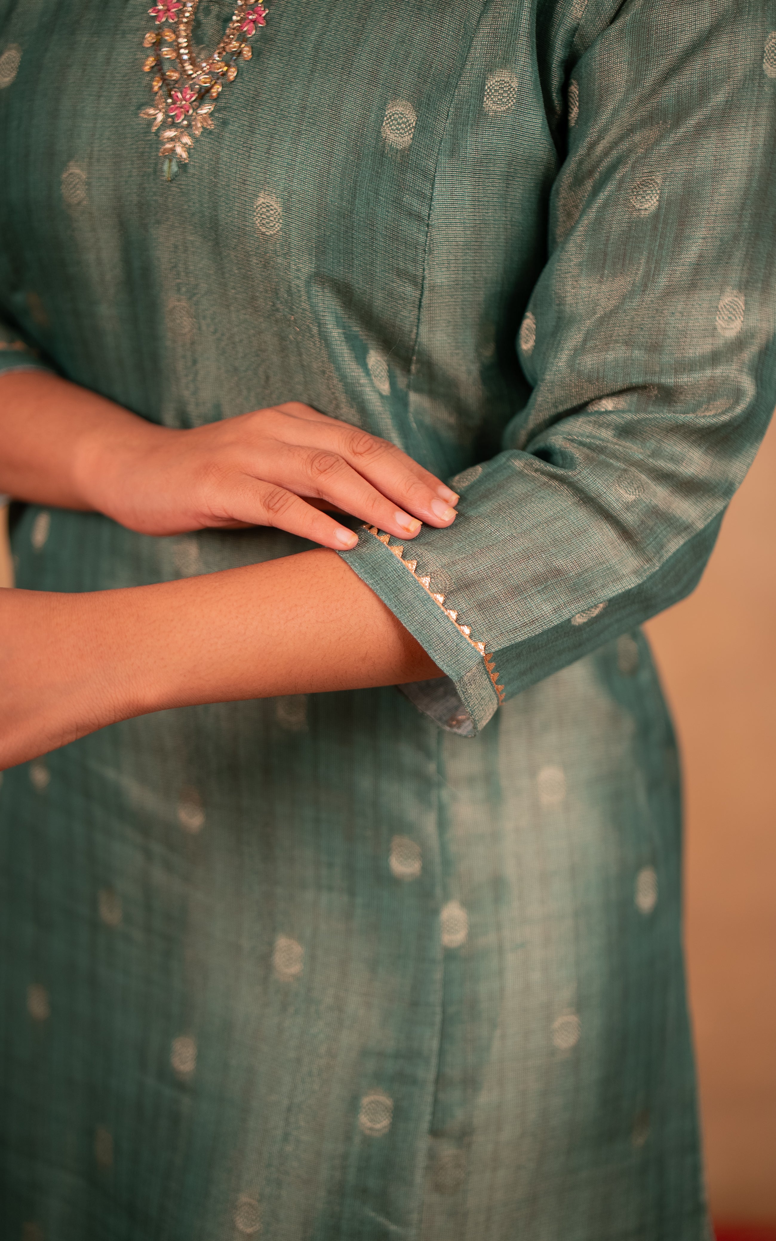 Festive wear teal green embroidered kurti for women