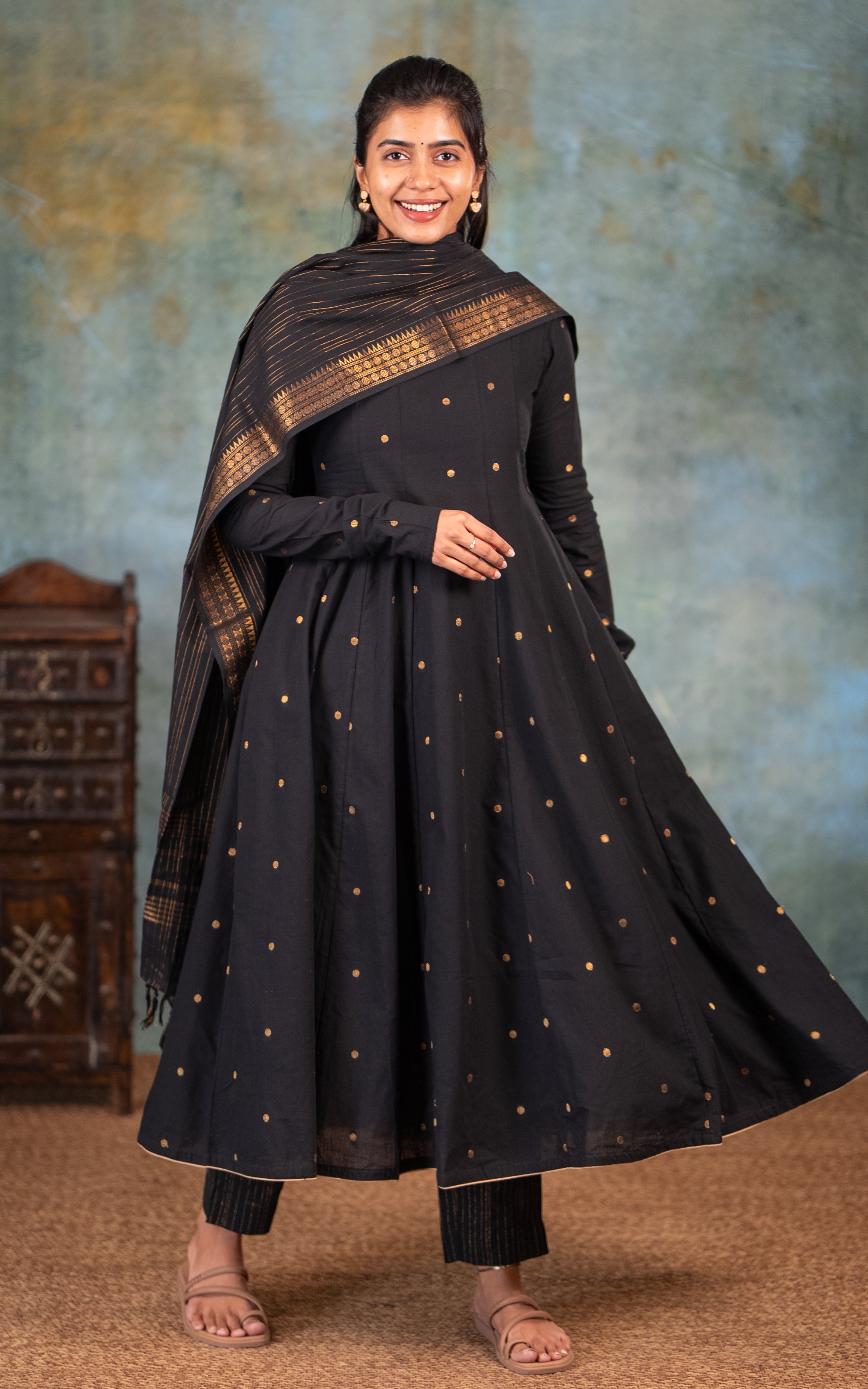 Instore - Black Color South Cotton Flared Anarkali Kurti with Gathered Sleeve, Palazzo Pant & South Cotton Dupatta