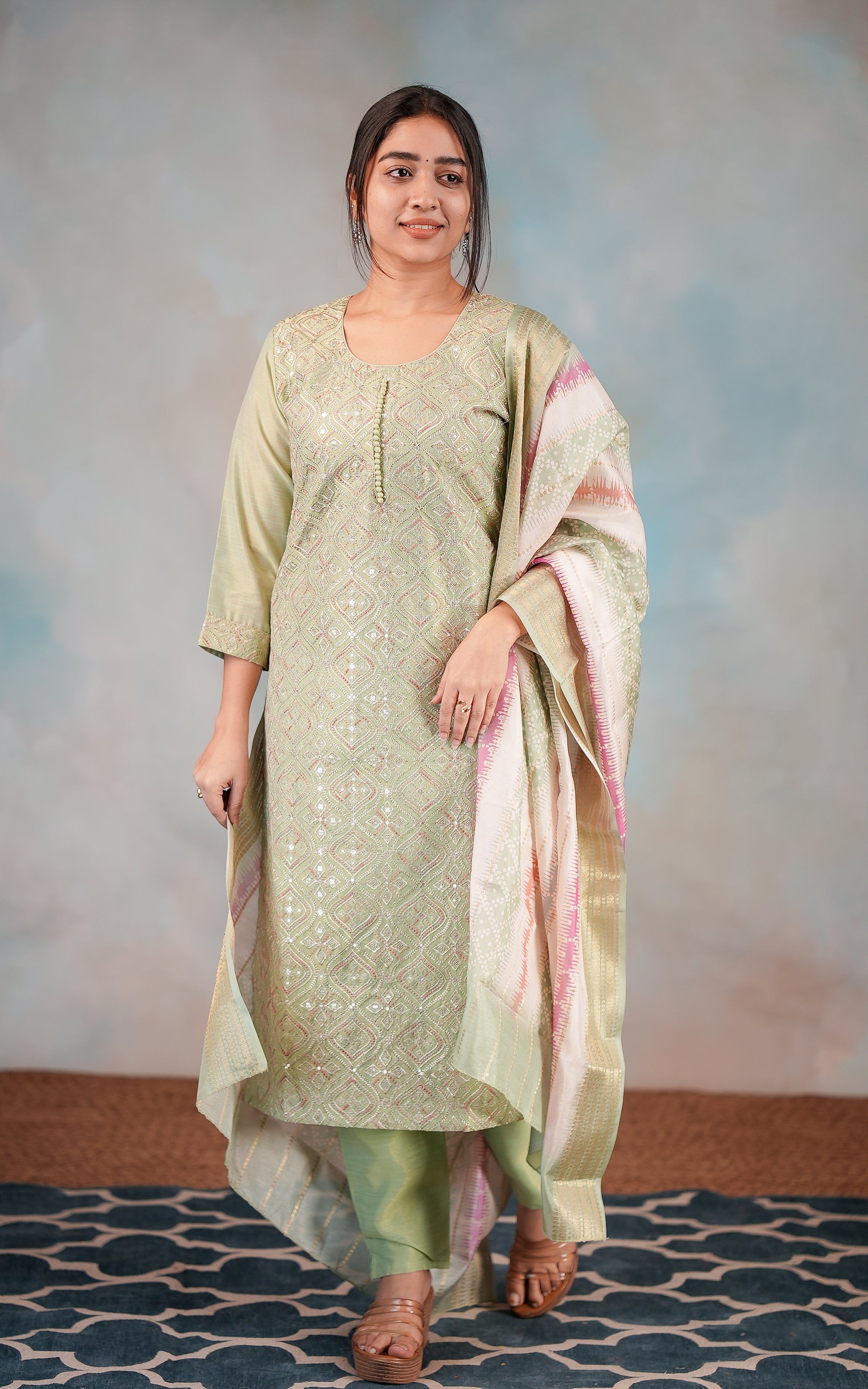 Pista green art silk kurti with elastic waist pant for women