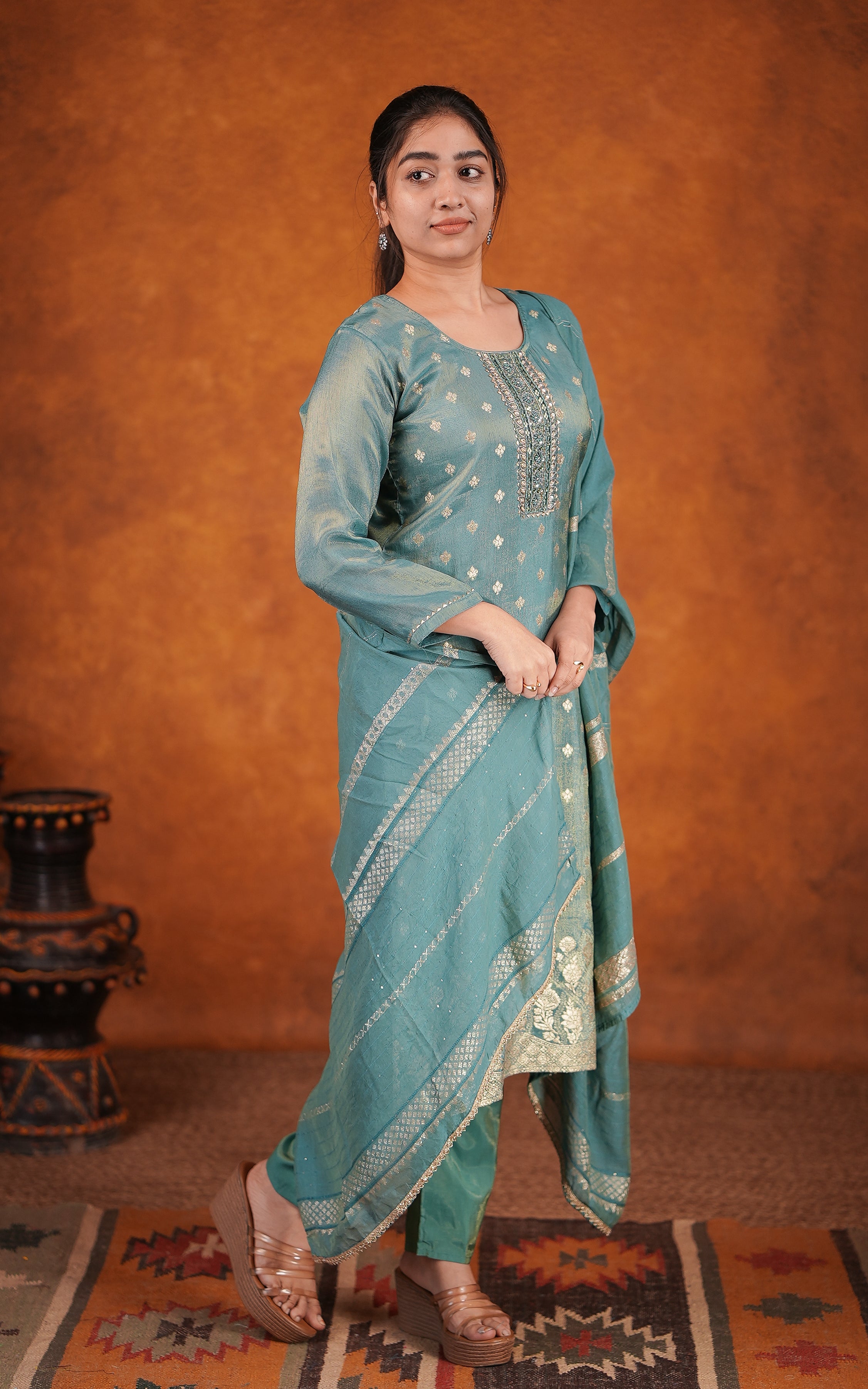 Teal green art silk kurti with elastic waistband pant for women