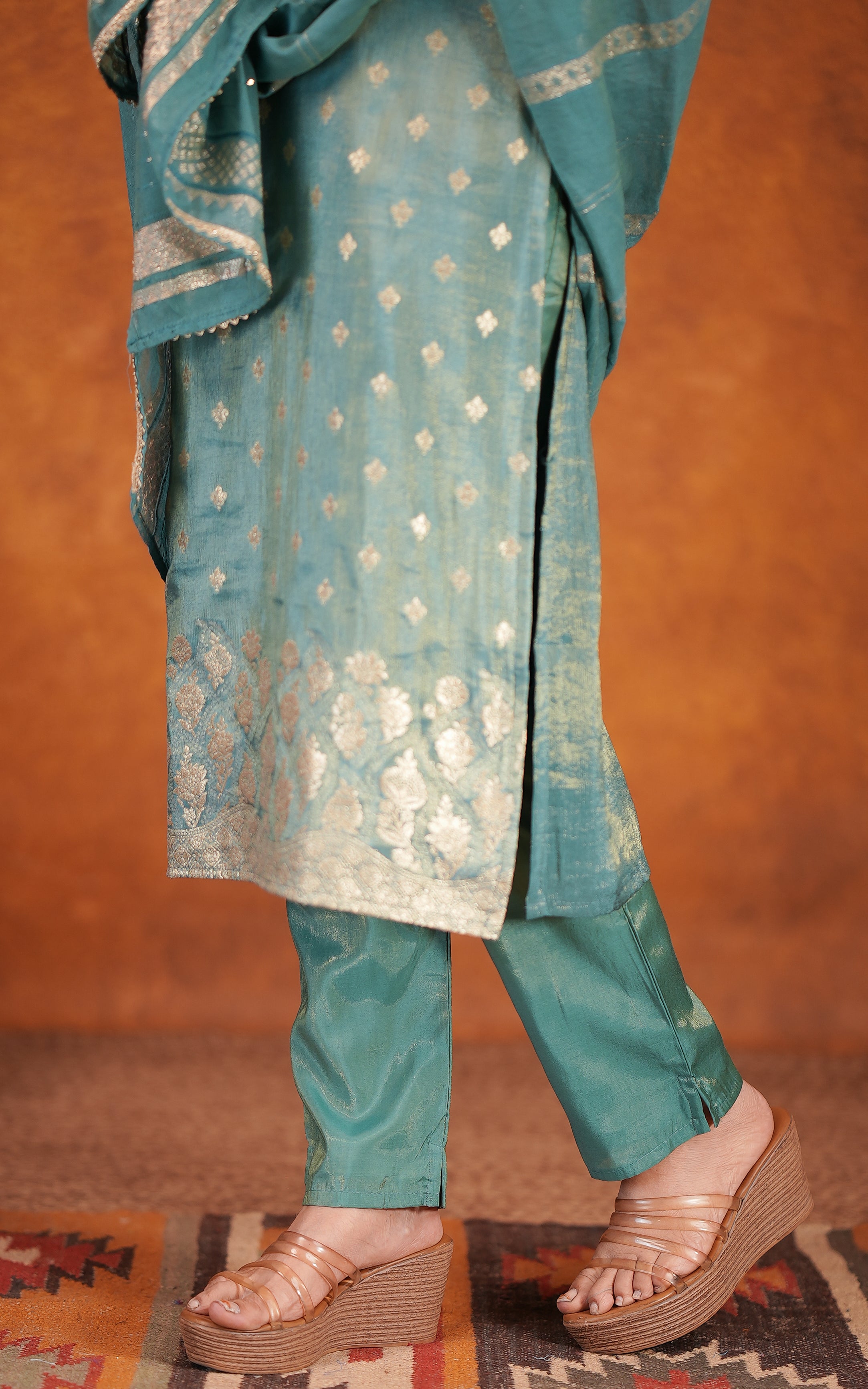 Festive wear teal green art silk kurti set for women