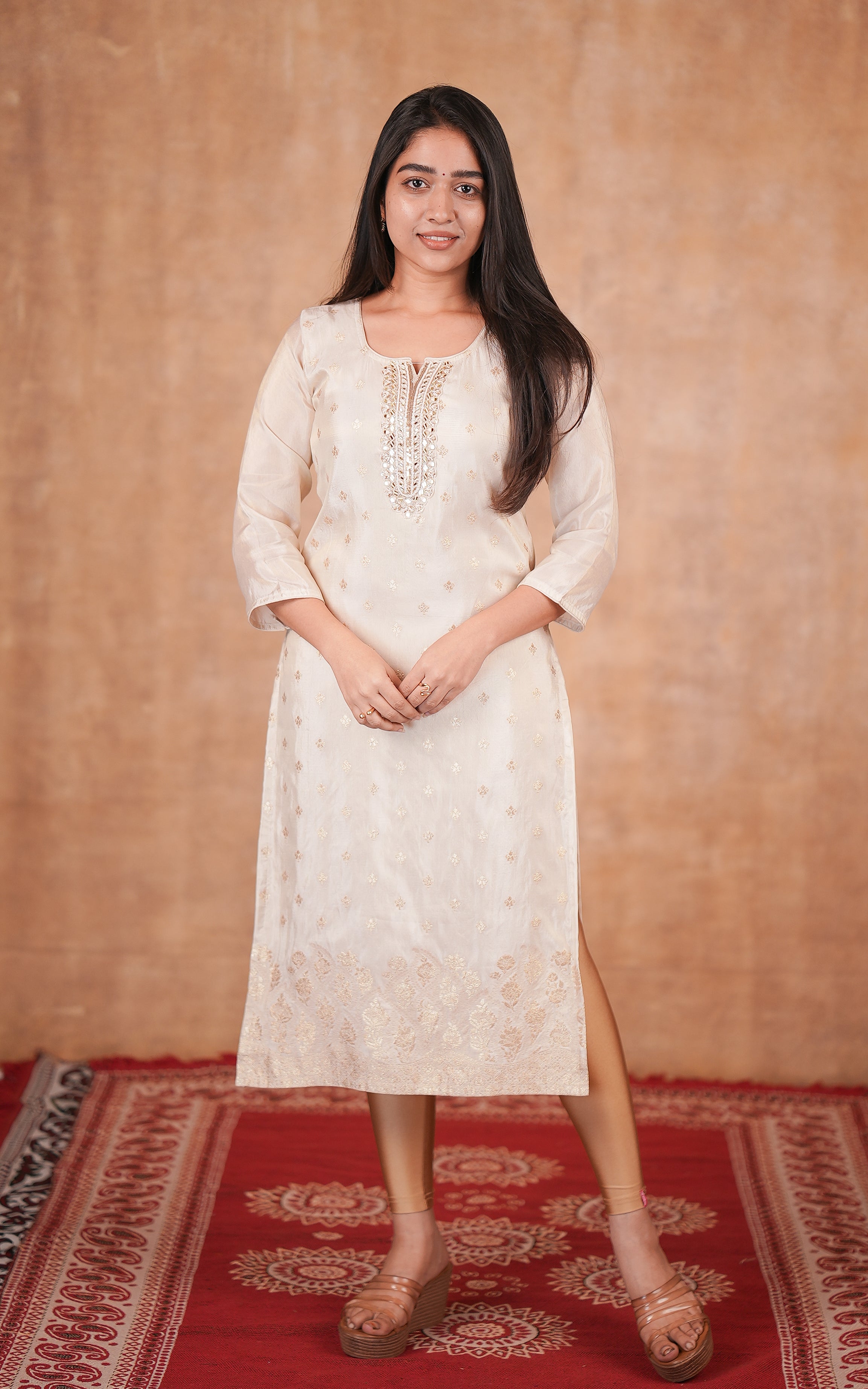 Off white art silk straight cut kurti for women