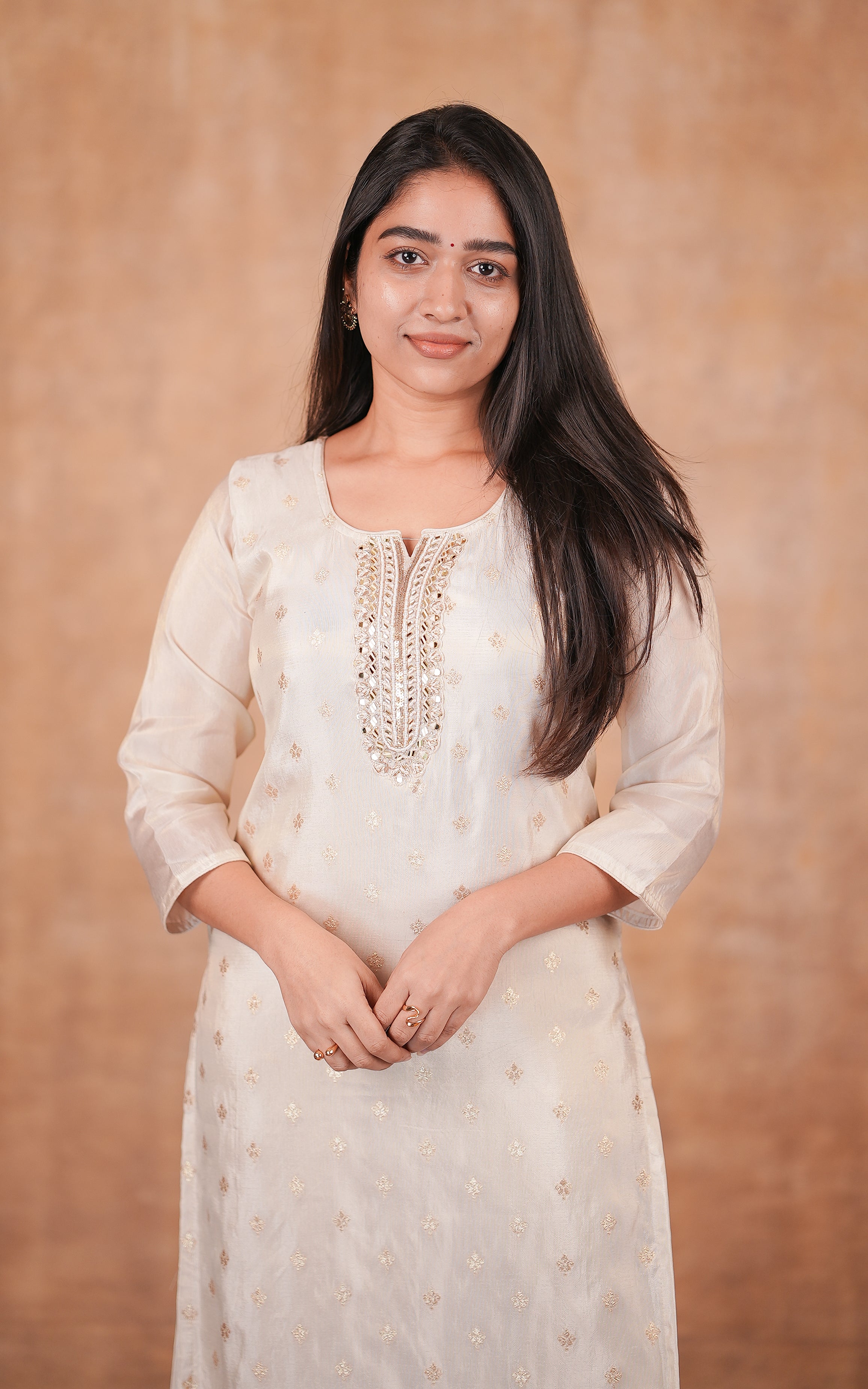 Off white art silk side slit kurti for women