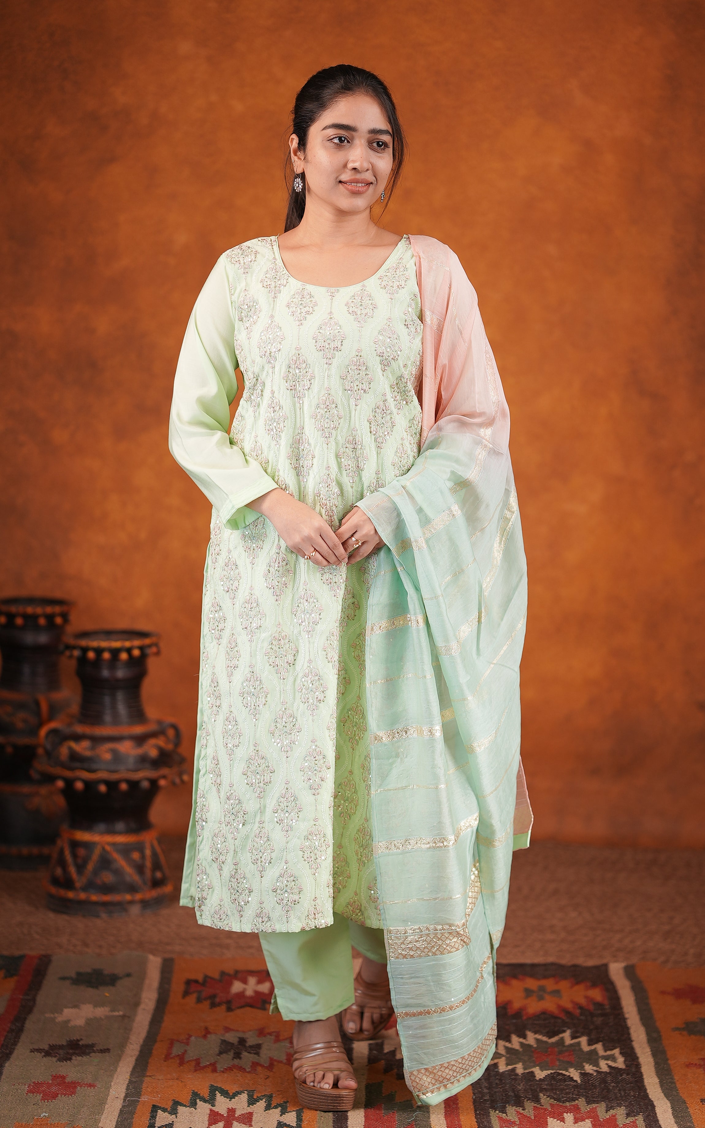 Pista green art silk kurti with elastic waist pant for women