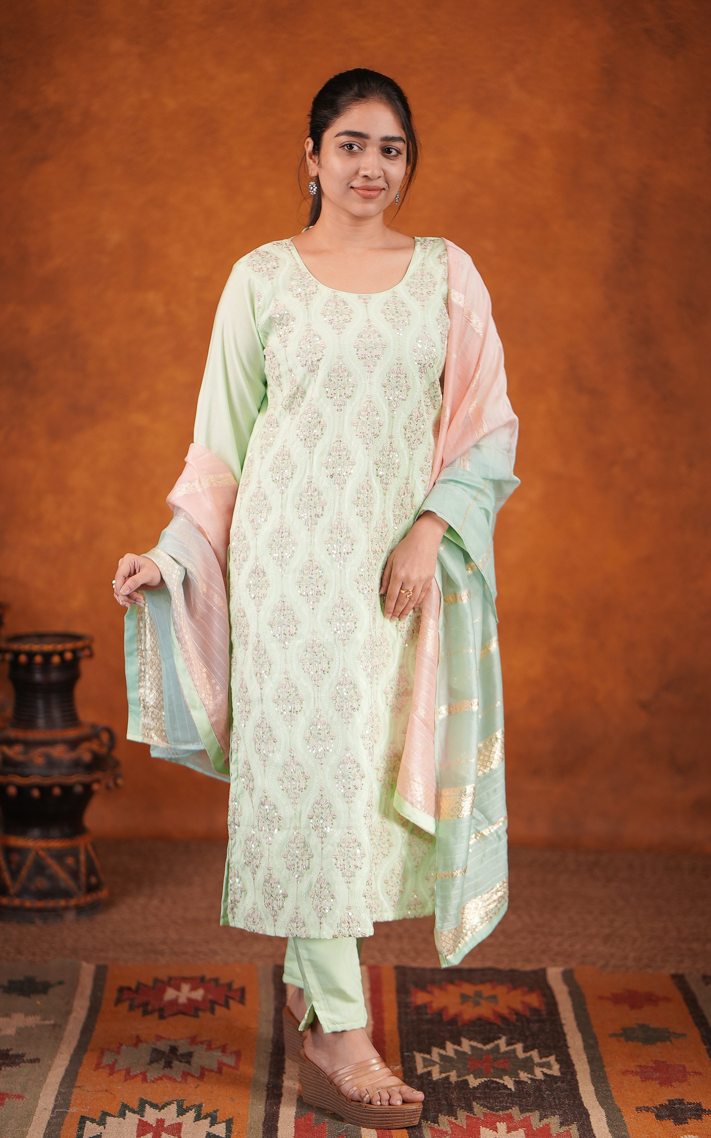 Pista green art silk straight cut kurti set for women