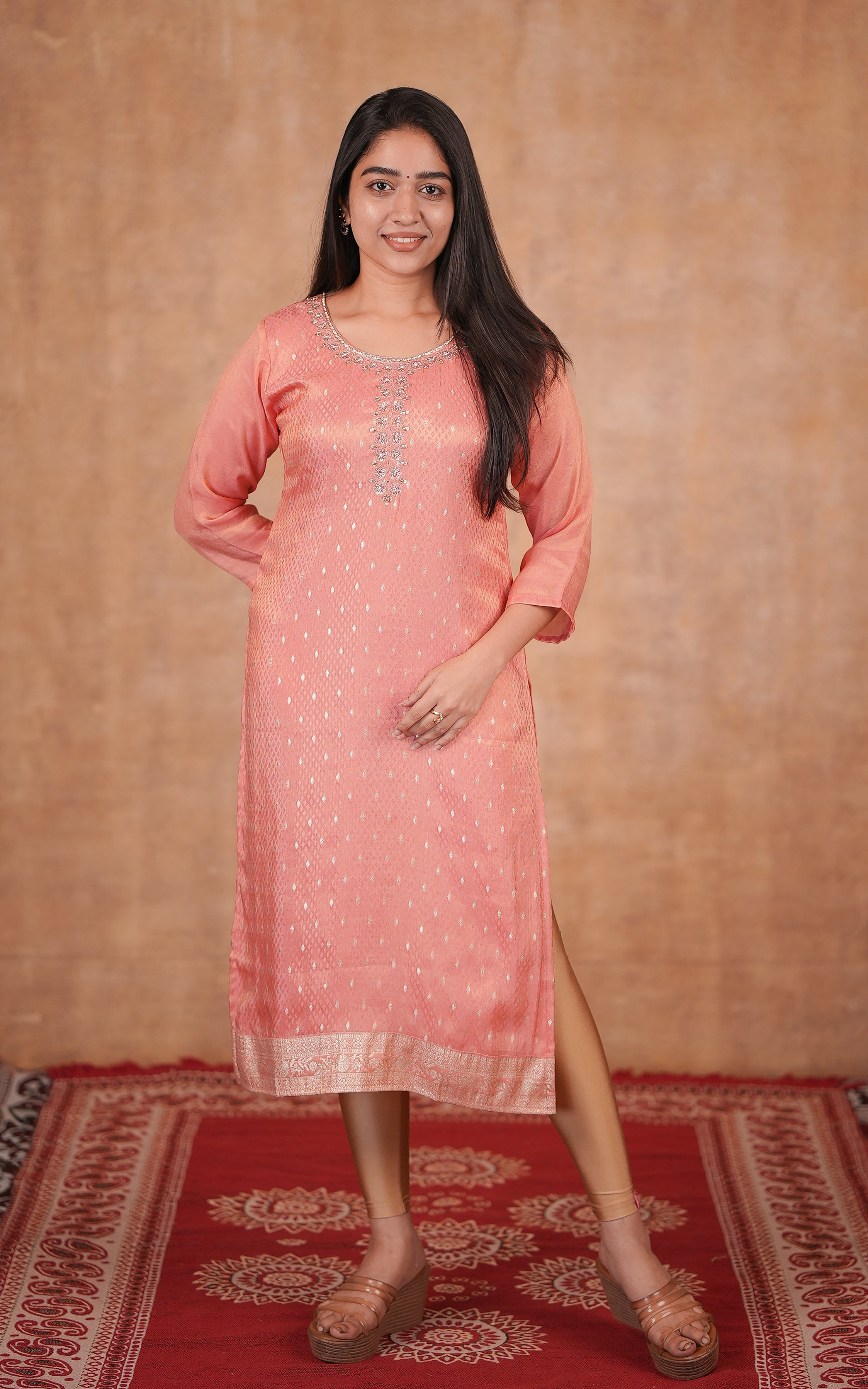 Peach art silk side slit kurti for women