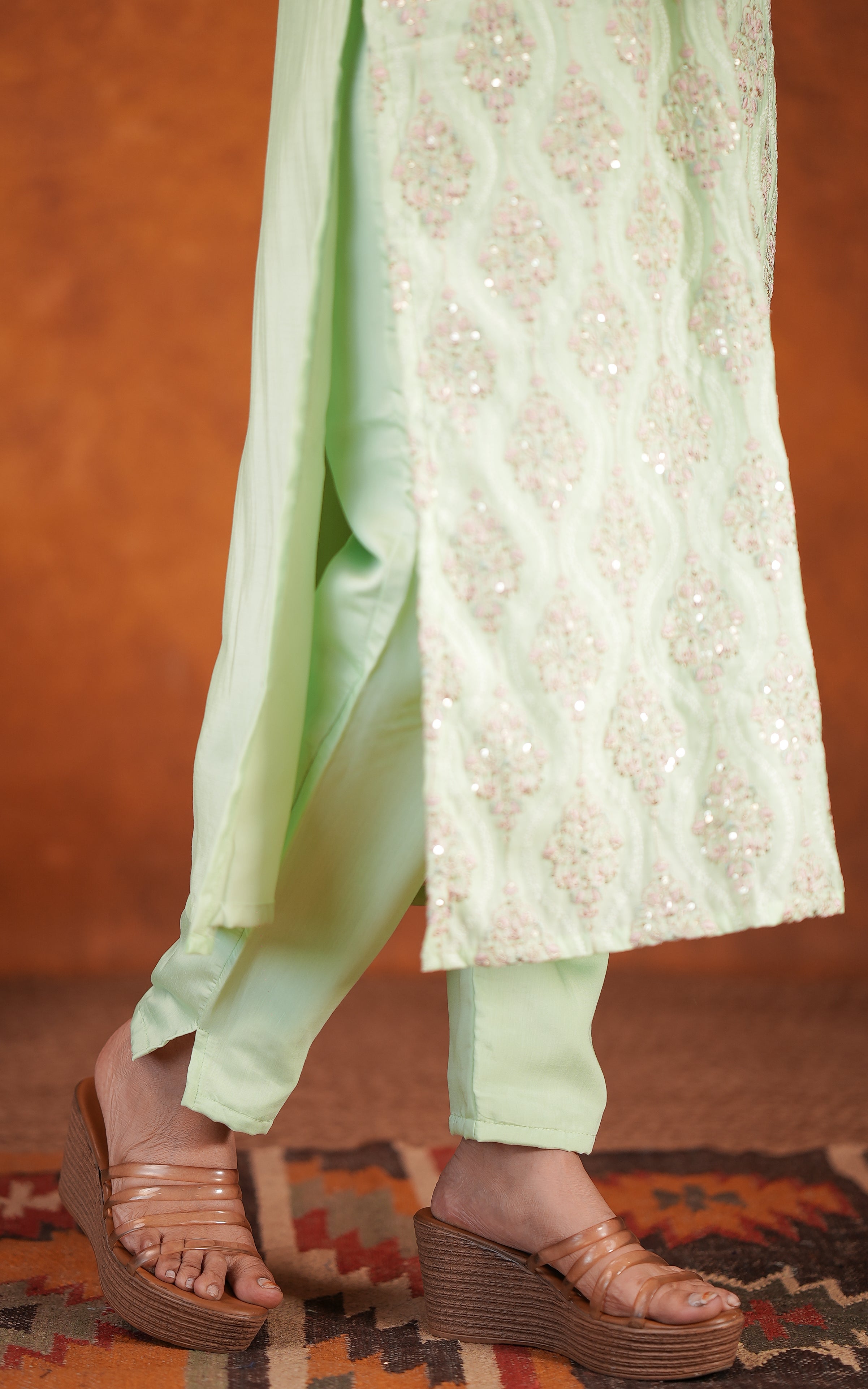 Party wear pista green art silk kurti set for women