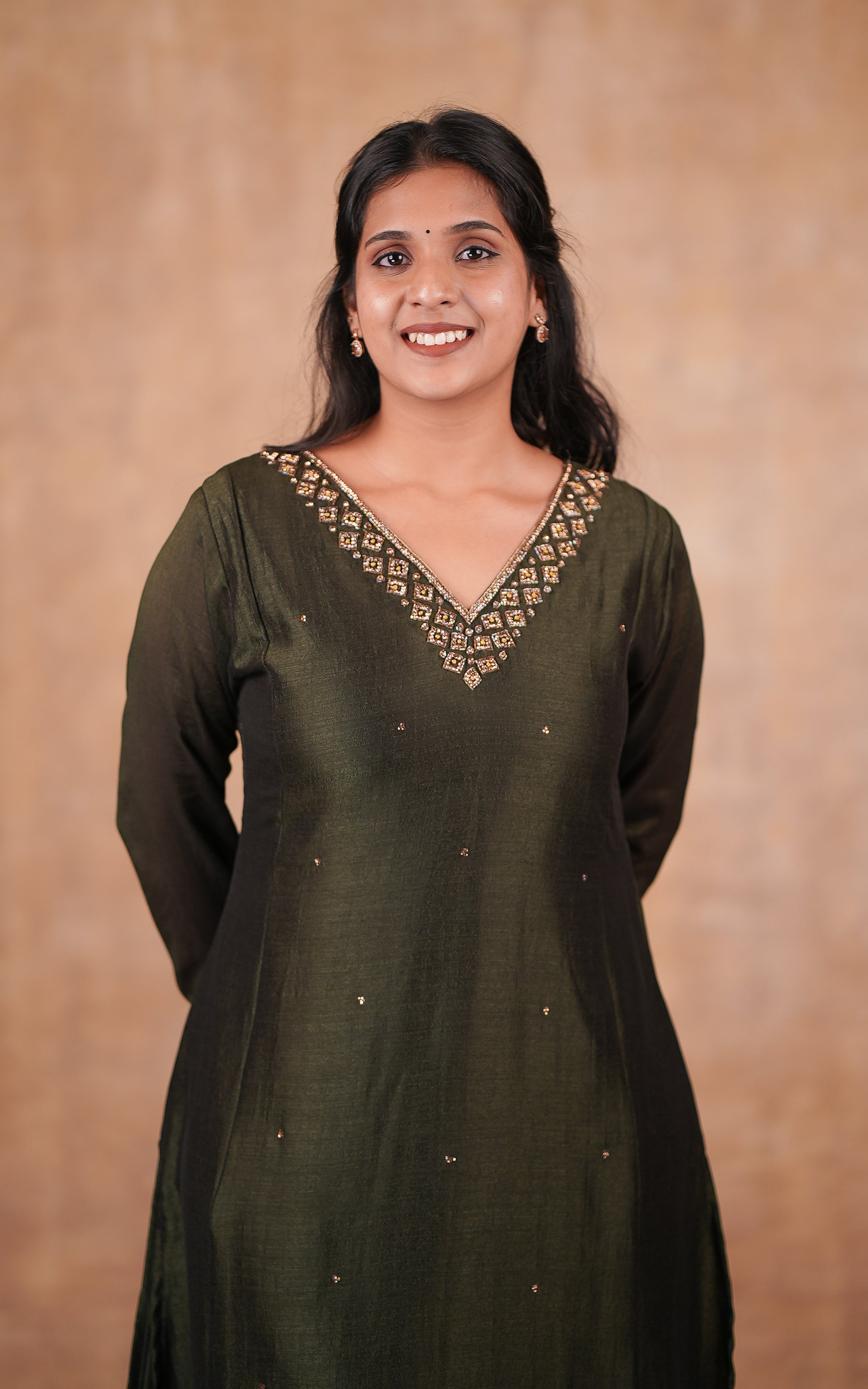 Office wear deep olive green art silk kurti for women