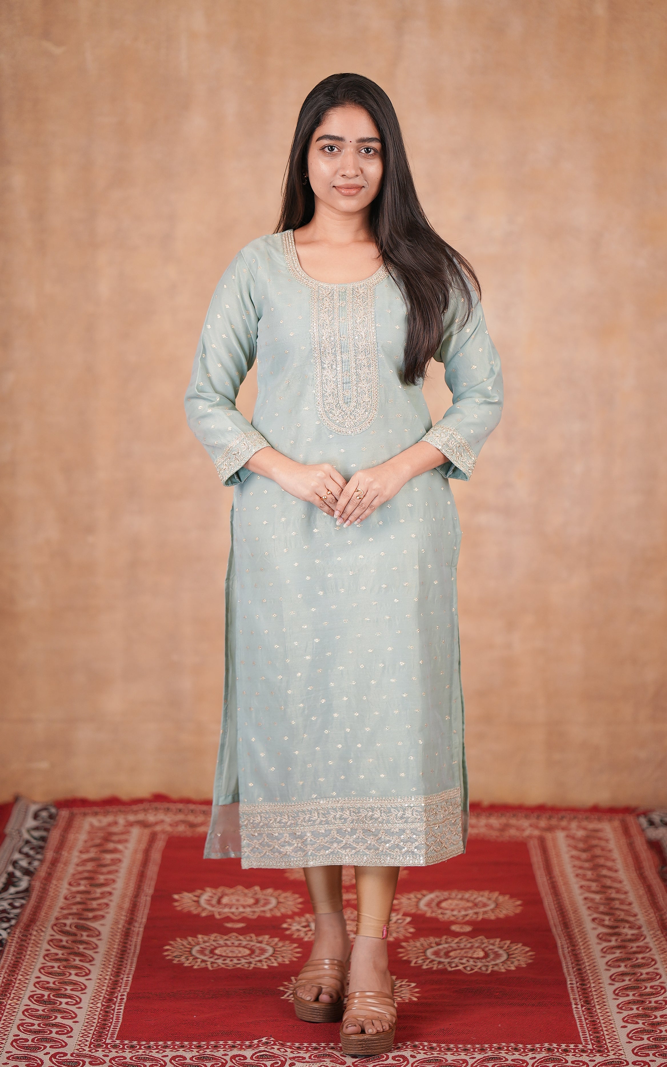Art silk embroidered neckline kurti for women