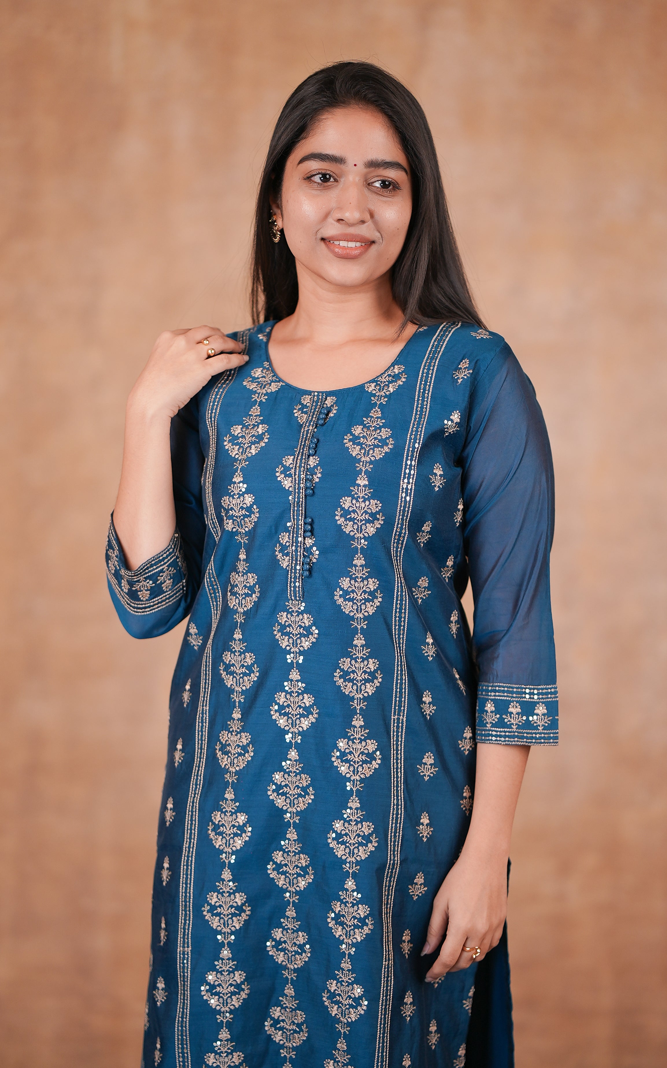 Traditional teal blue art silk kurti for women