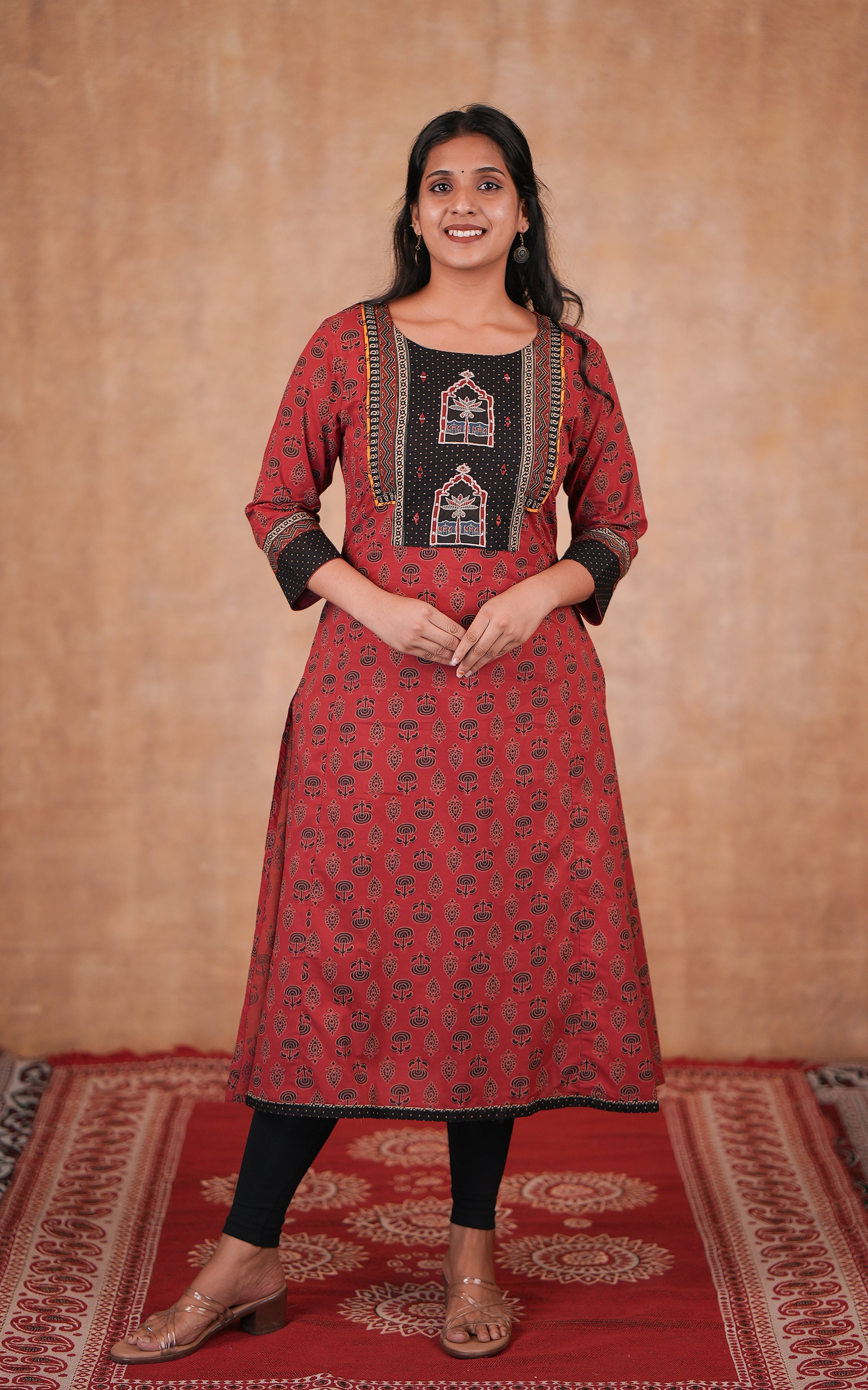 Maroon printed cotton Aline kurti for women