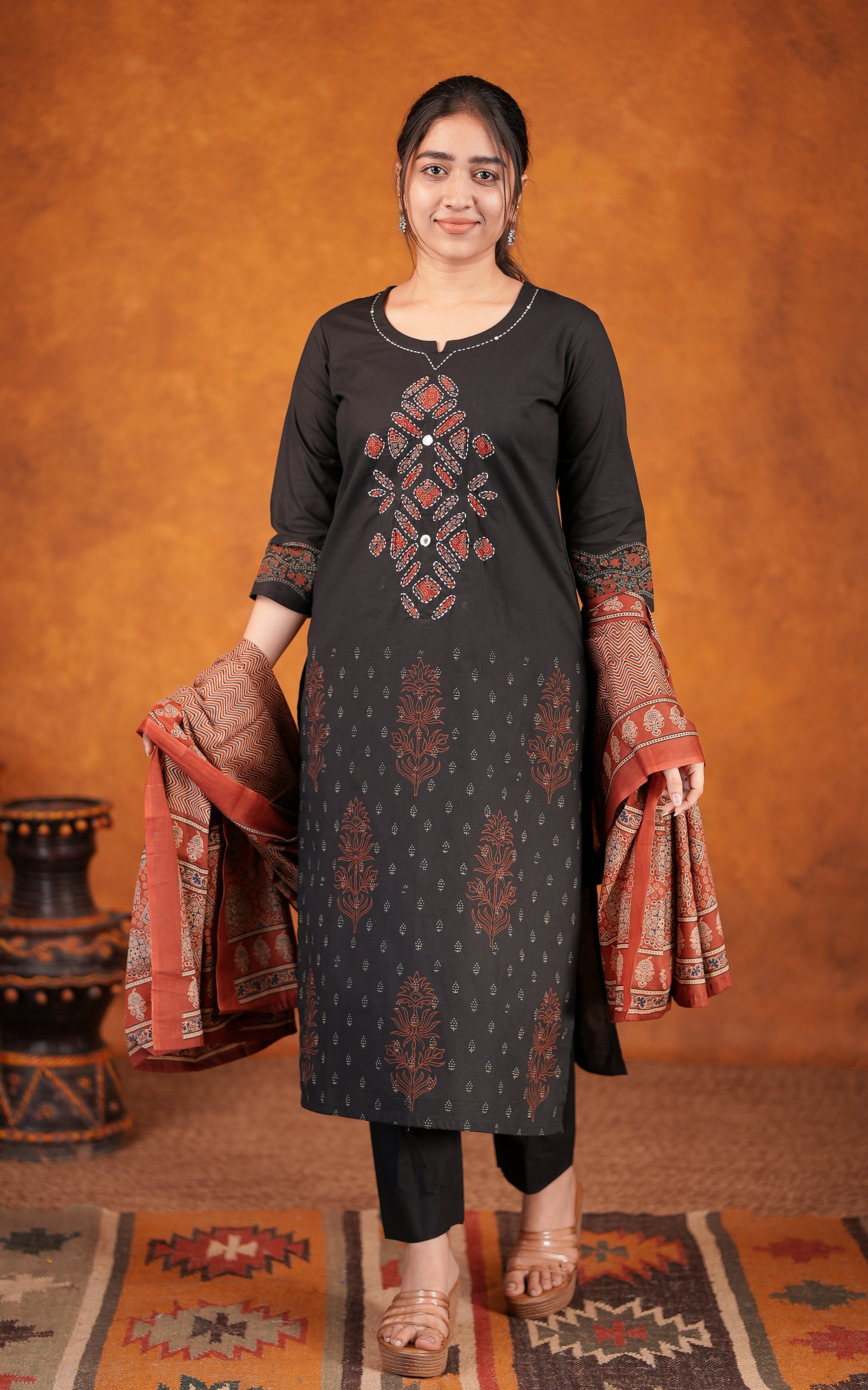 Black cotton handblock printed kurti set for women