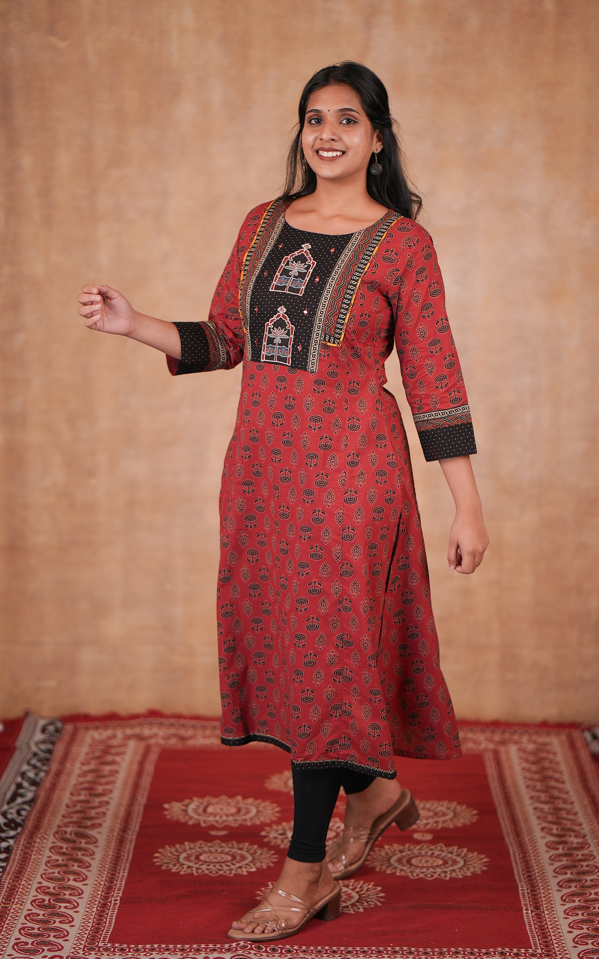 Maroon cotton ethnic print kurti for women