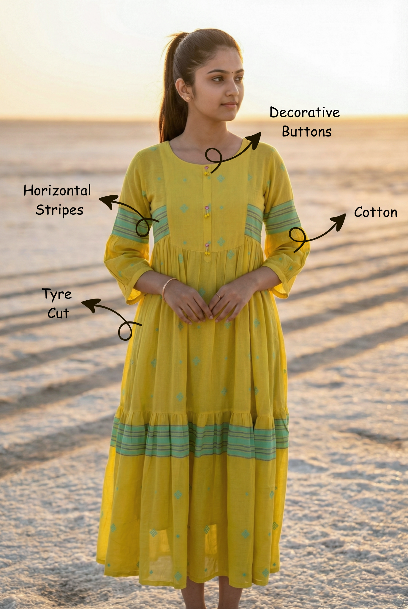Instore - Yellow Color Cotton Tier Cut Kurti with Decorative Buttons with Cotton Lining