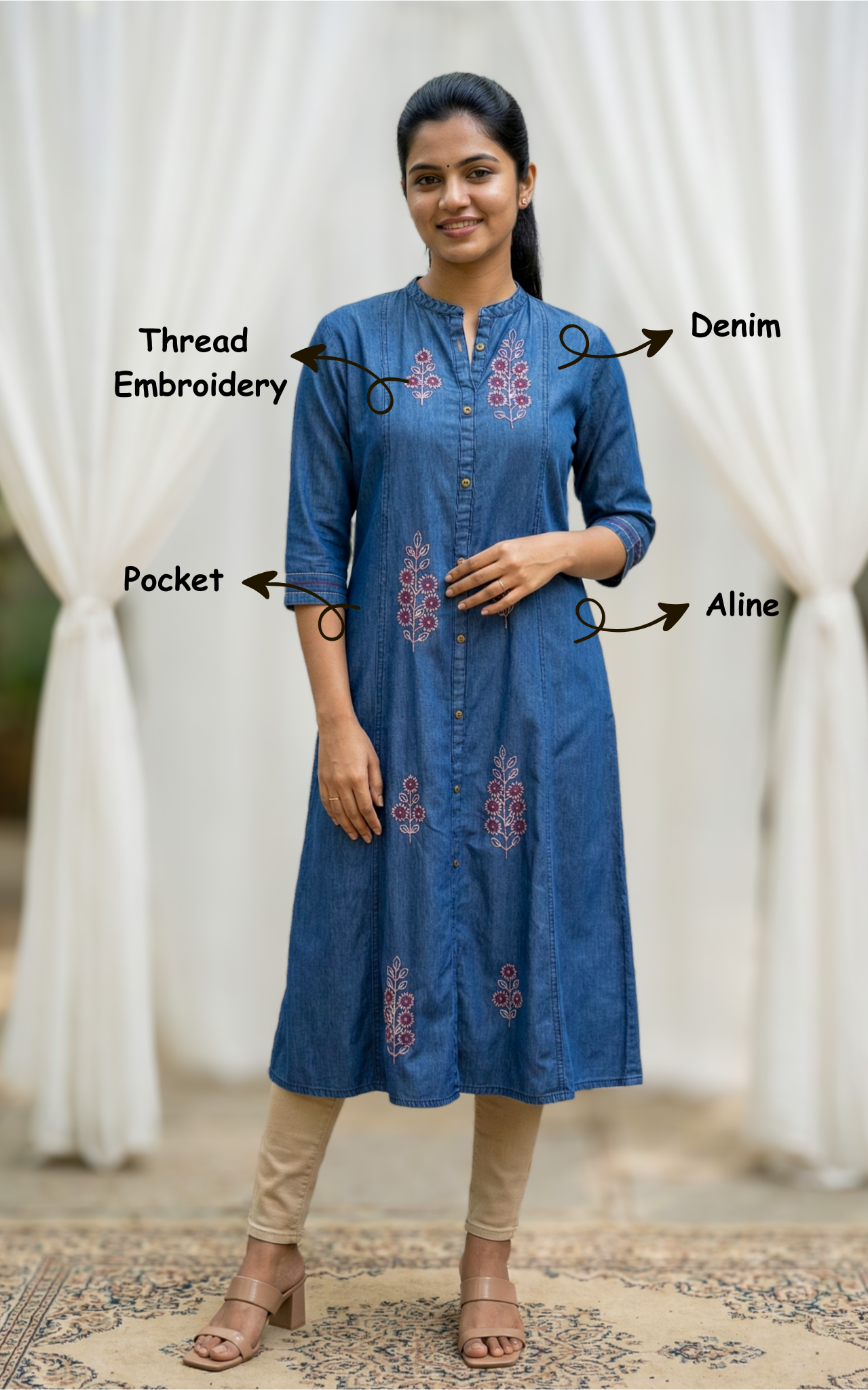stylish denim kurti for college
trendy aline kurti with front slit
modern casual denim kurti with embroidery
fashionable denim kurti with pocket