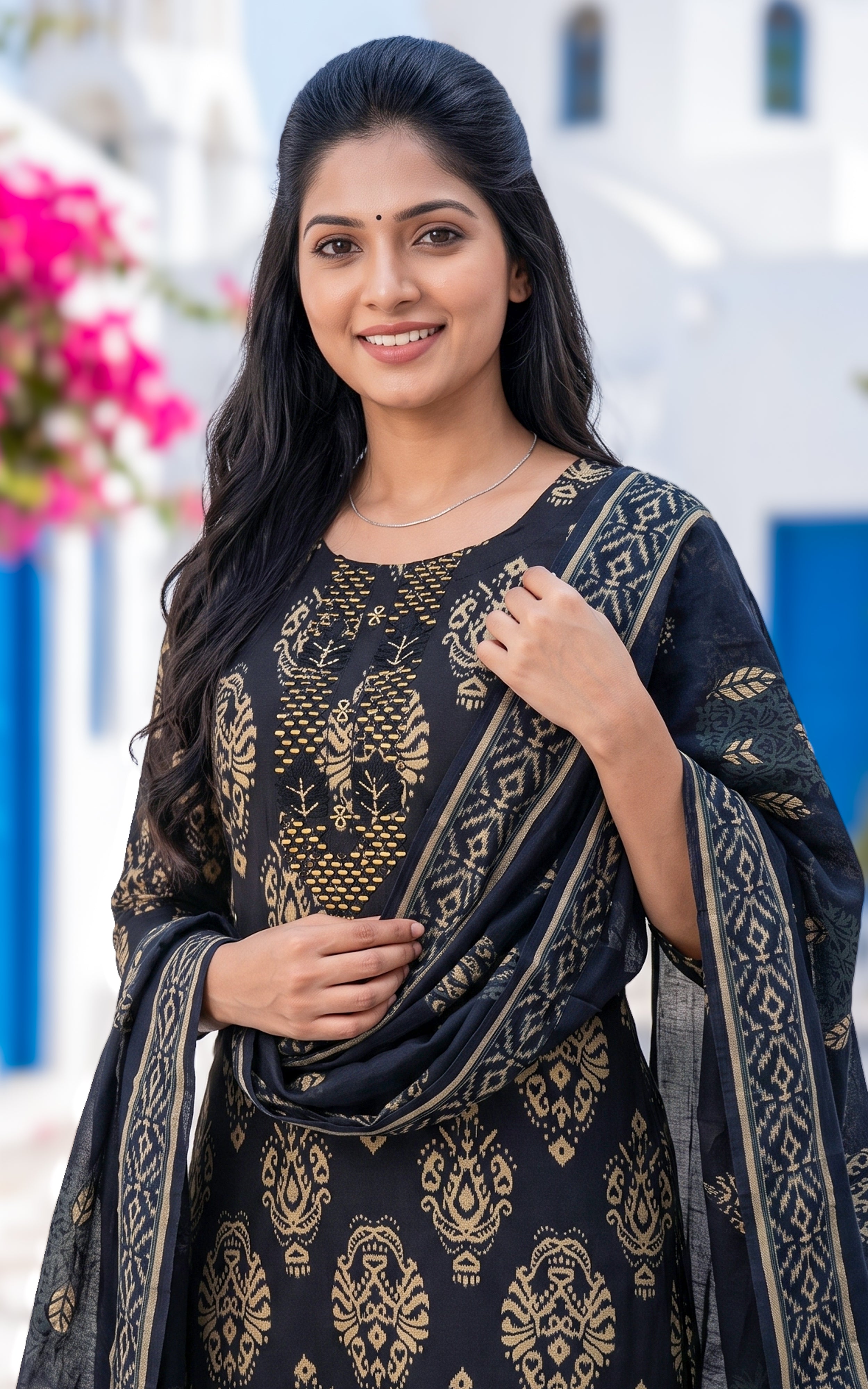 Black Art Silk Kurti Set with Dupatta for Women