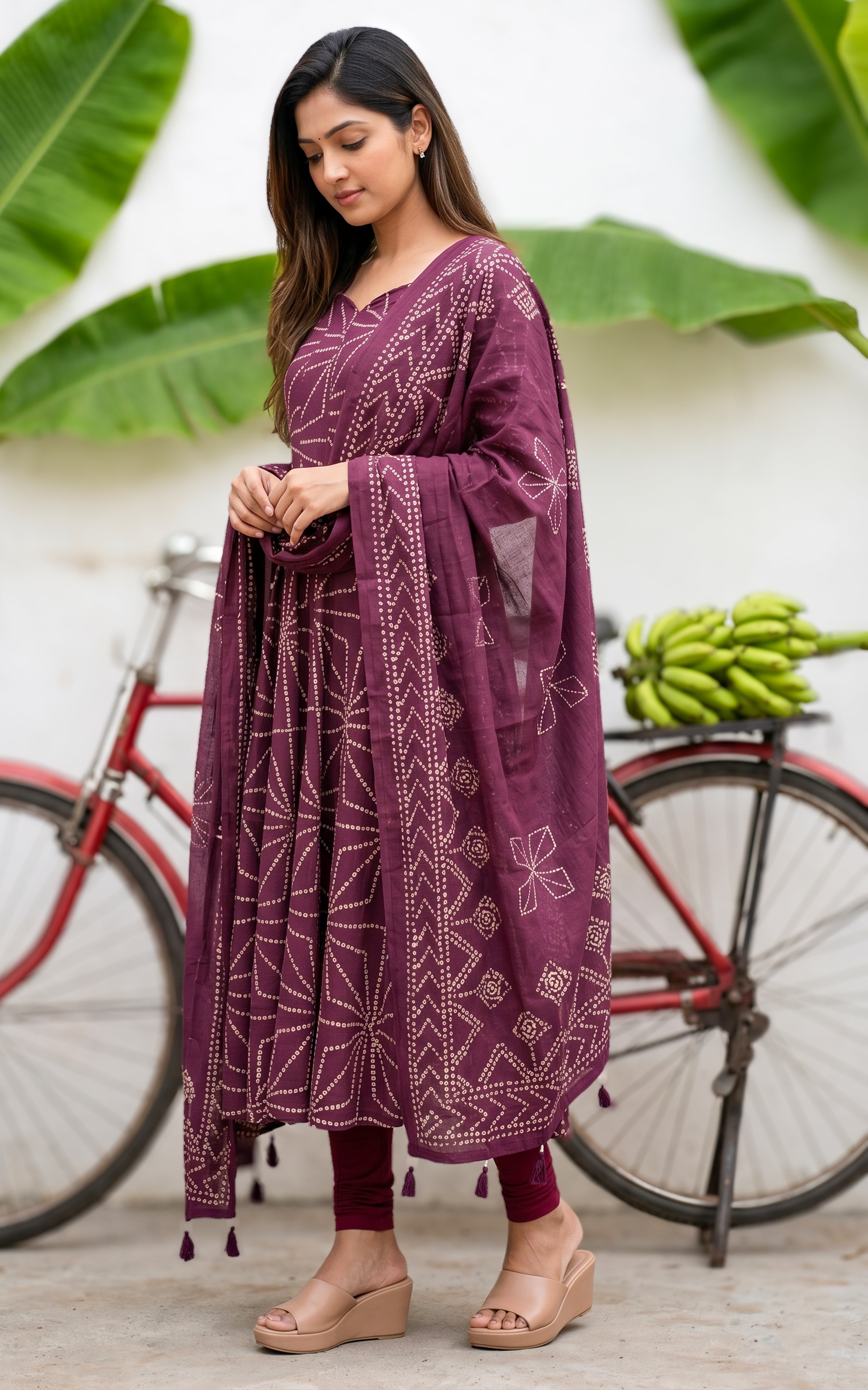 Plum Printed Kurti Set With Matching Dupatta Women