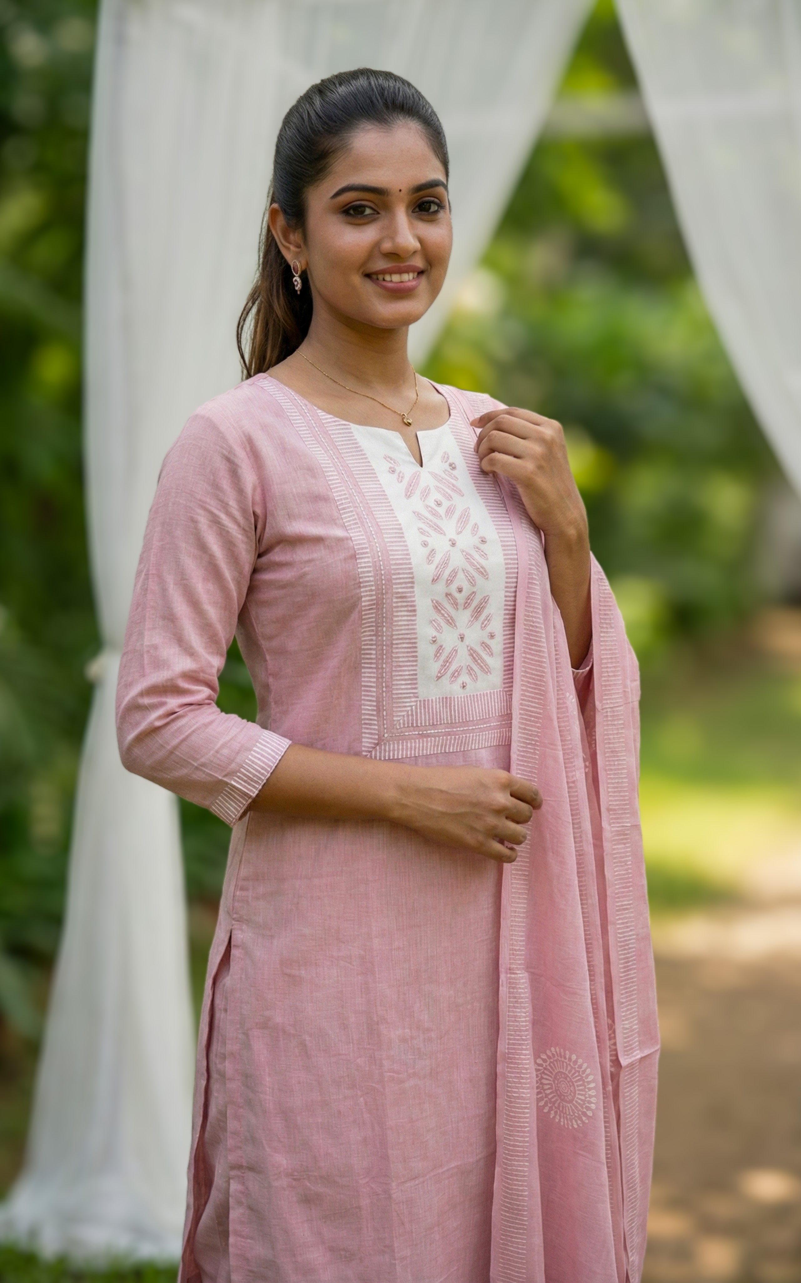 Baby pink south cotton straight cut kurti set for women