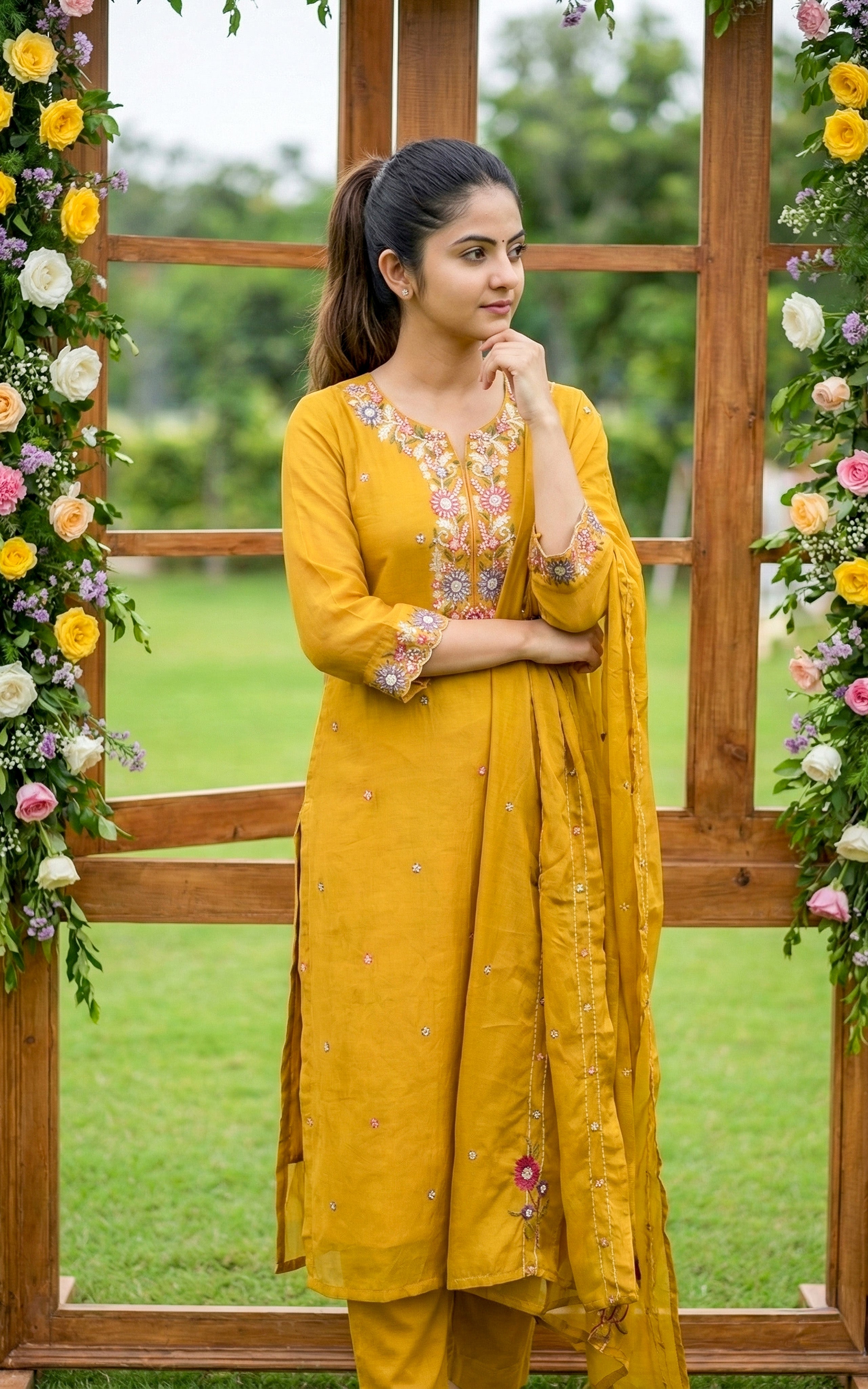 Instore - Mustard art silk straight cut kurti with floral embroidery & matching embroidered dupatta set