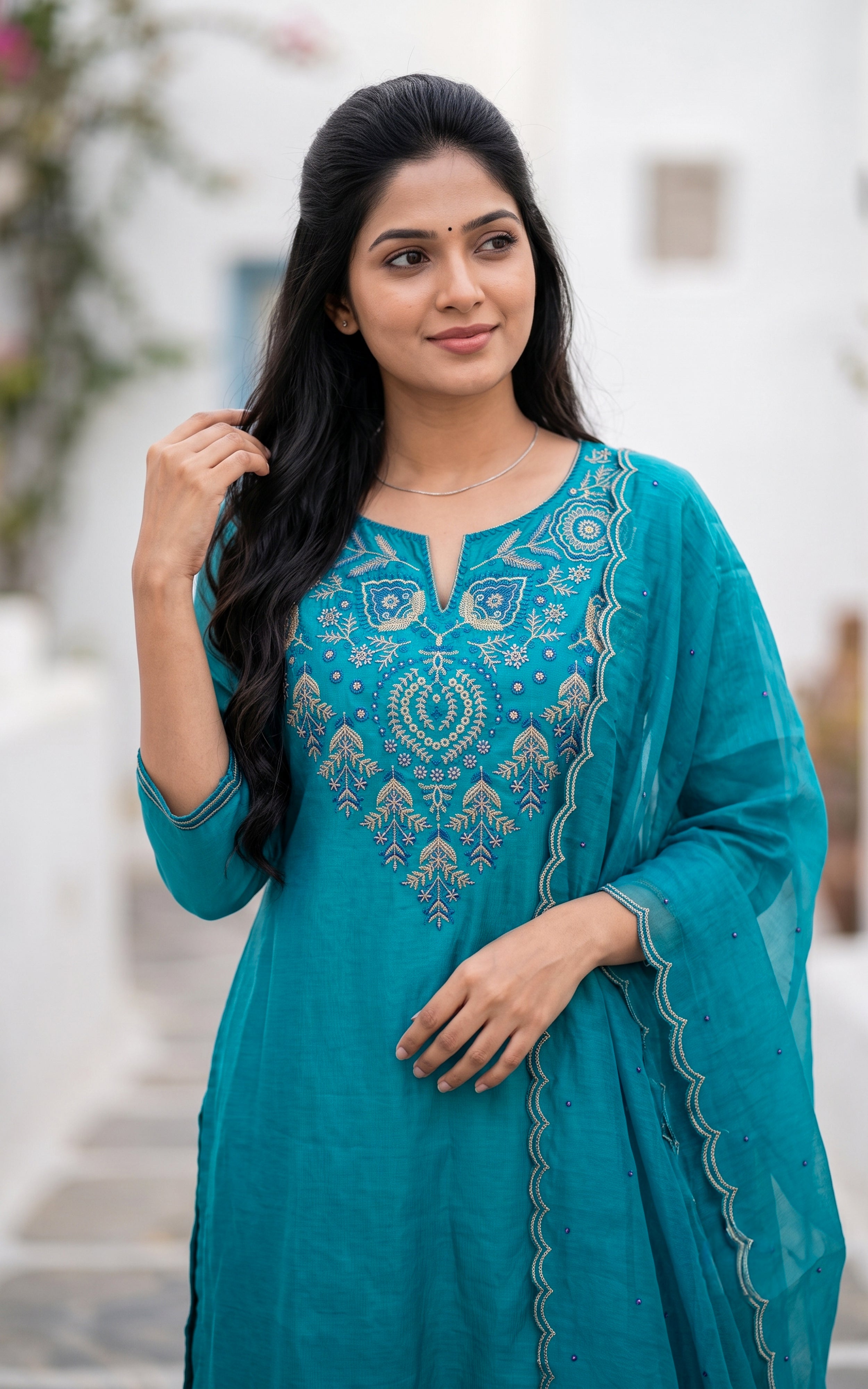 Rama Blue Chanderi Designer Straight Cut Kurti Set for Women