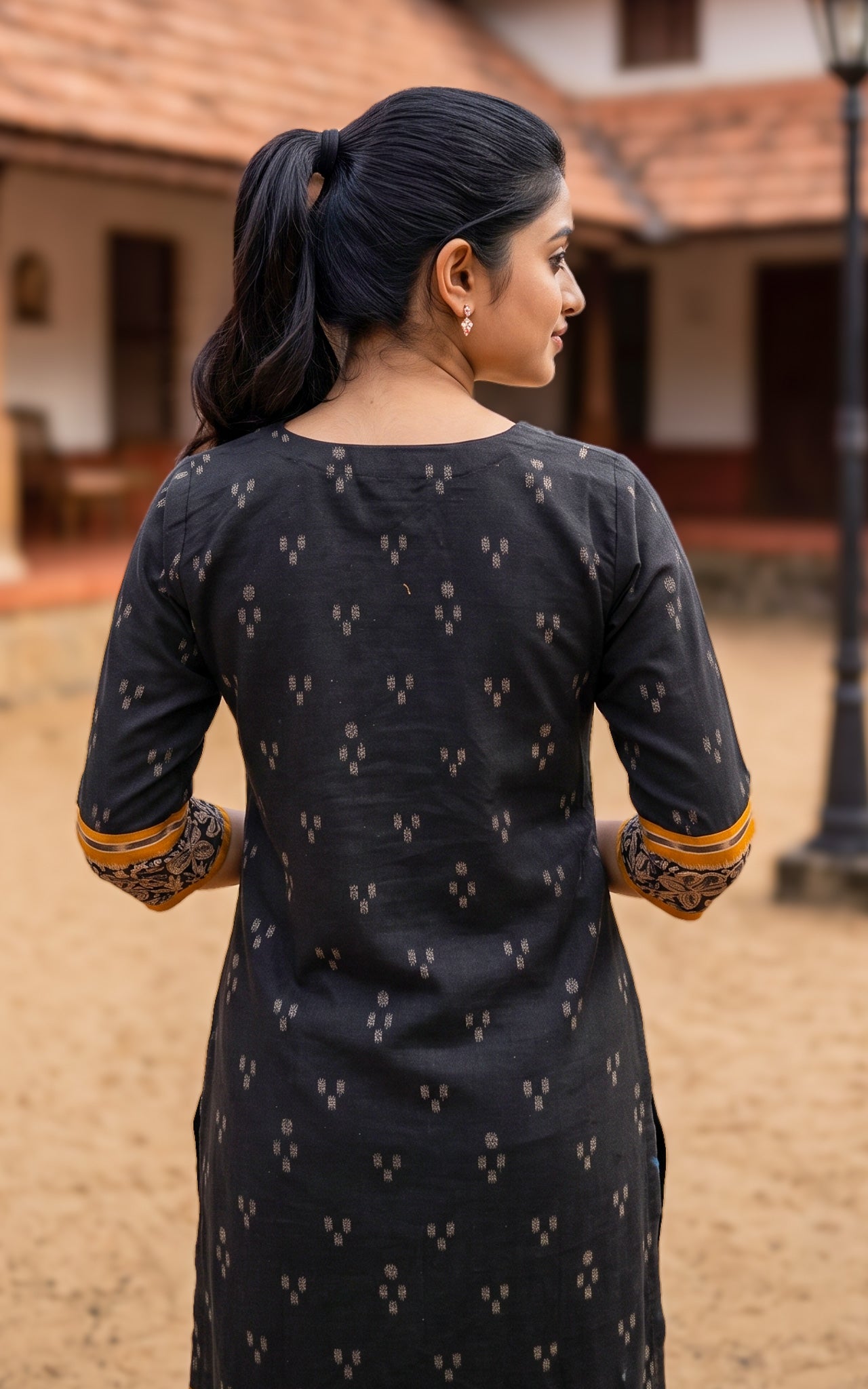 Black and Mustard Cotton Ethnic Wear Kurti for Women