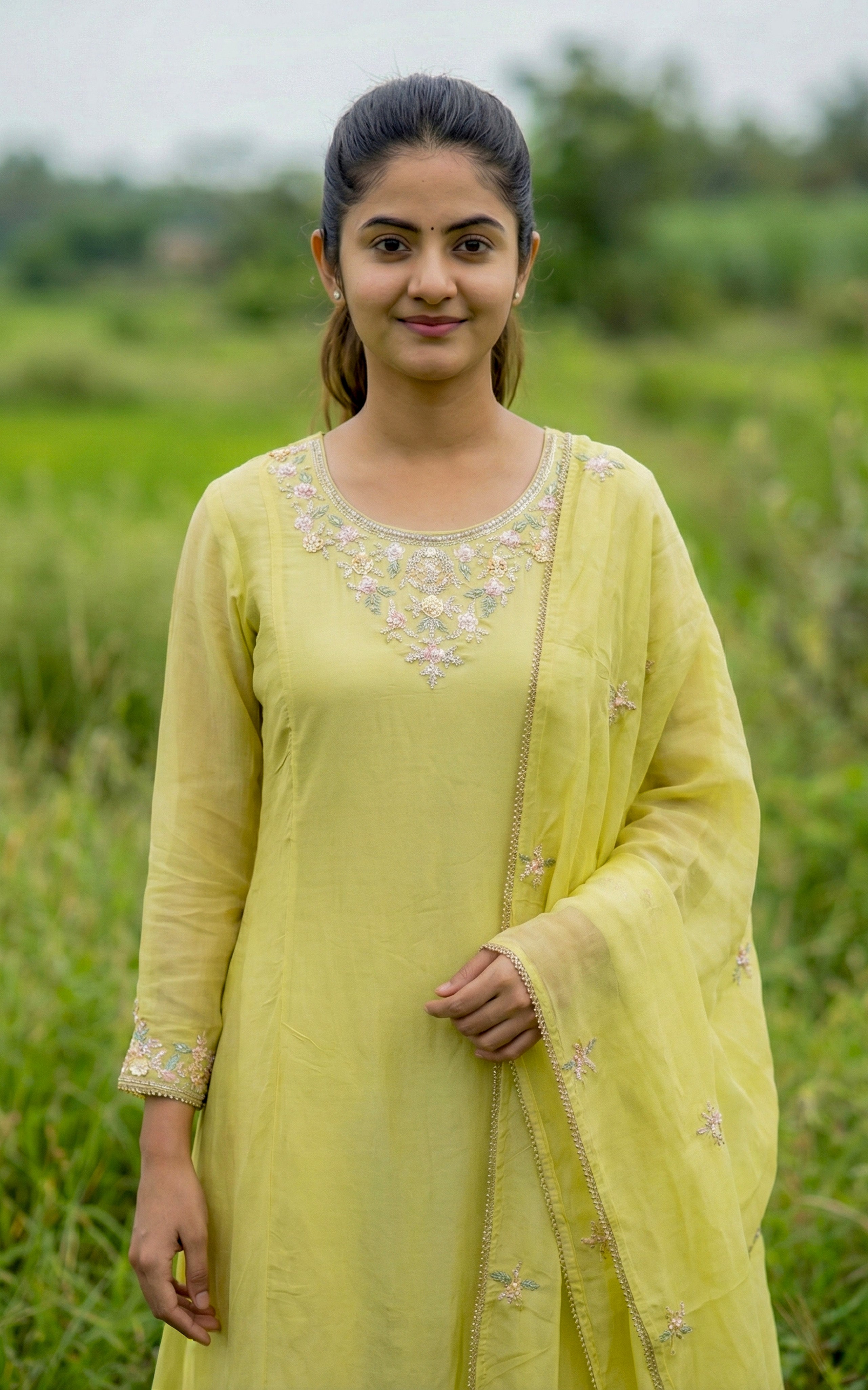 Aline Embroidery Kurti Paired with Art Silk Dupatta