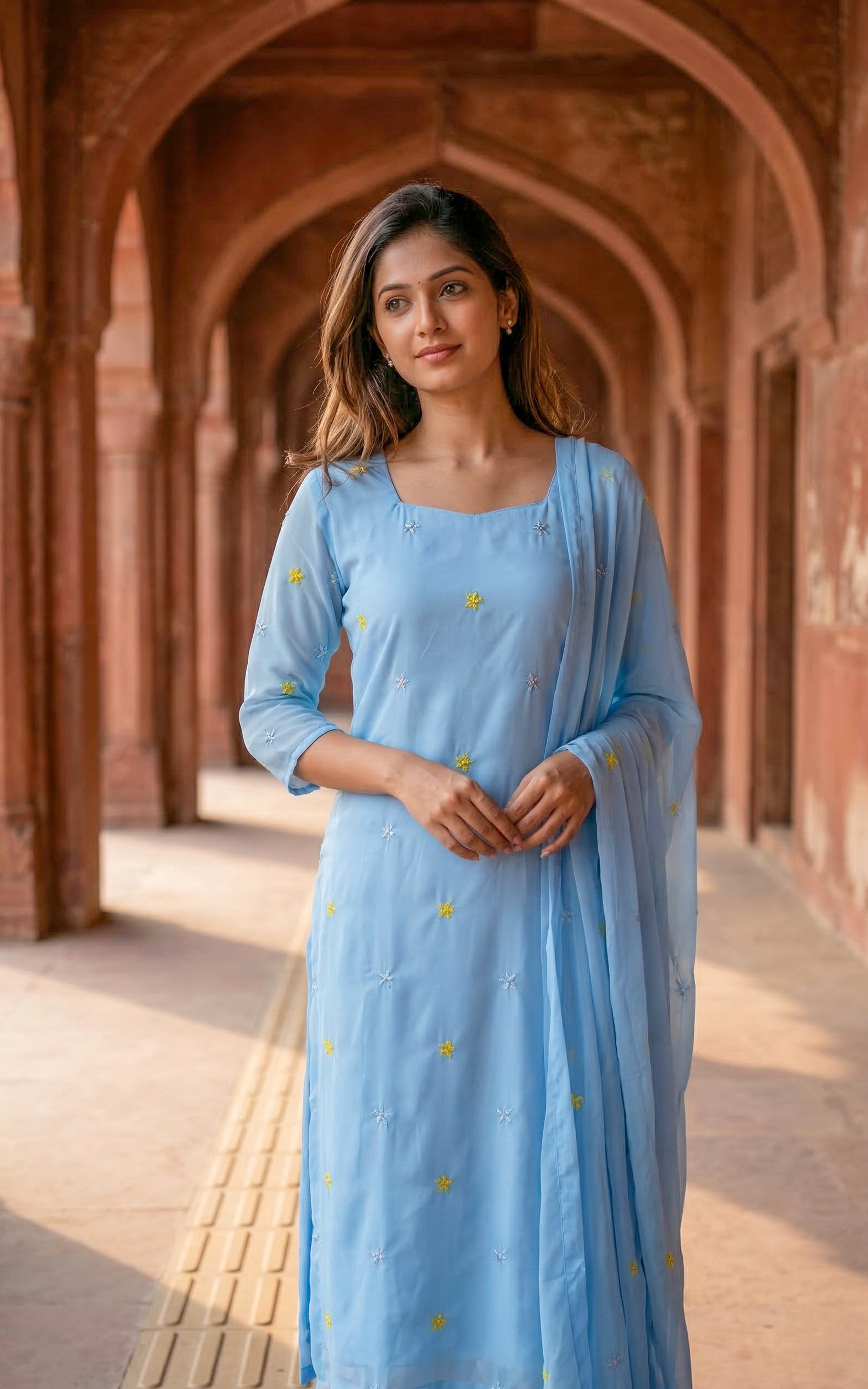 simple embroidered kurti for office
elegant straight kurti for work
decent georgette kurti with dupatta
minimal embroidery kurti