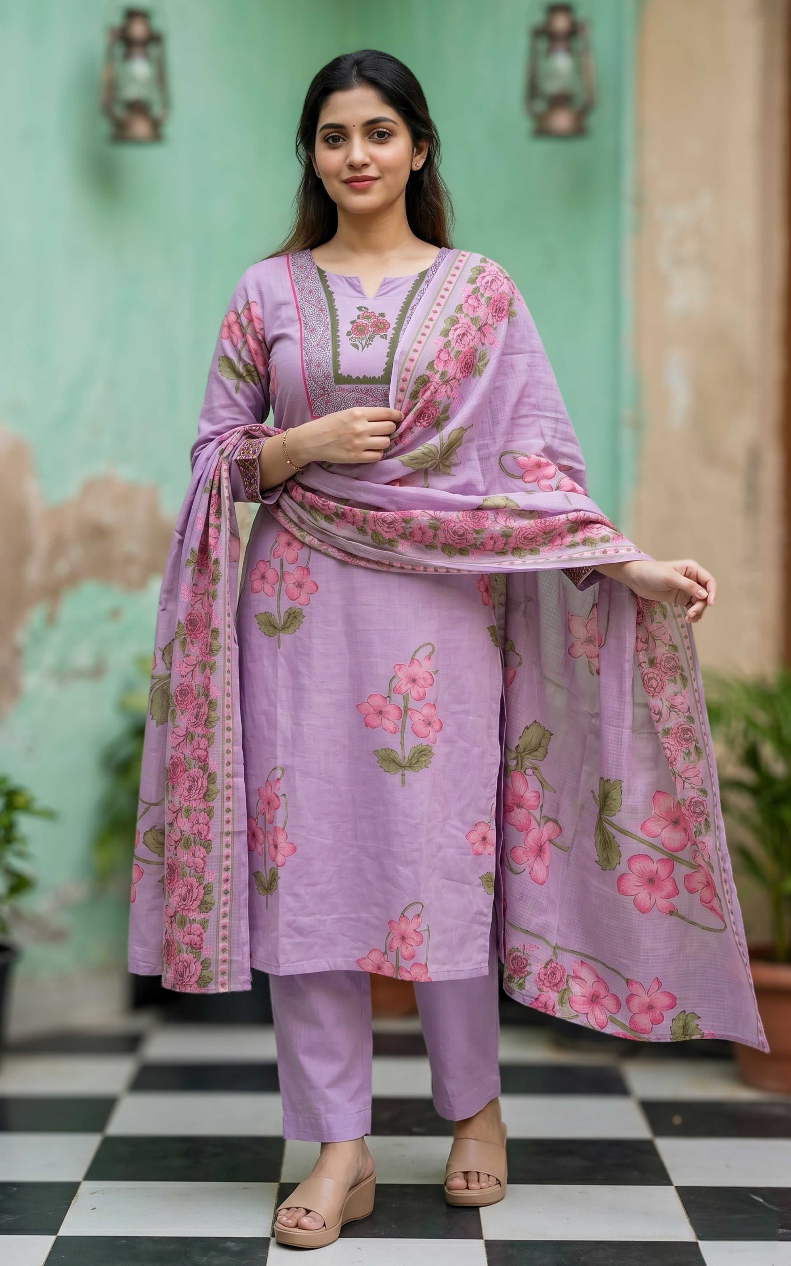 Lavender kurti set with floral embroidery and matching dupatta