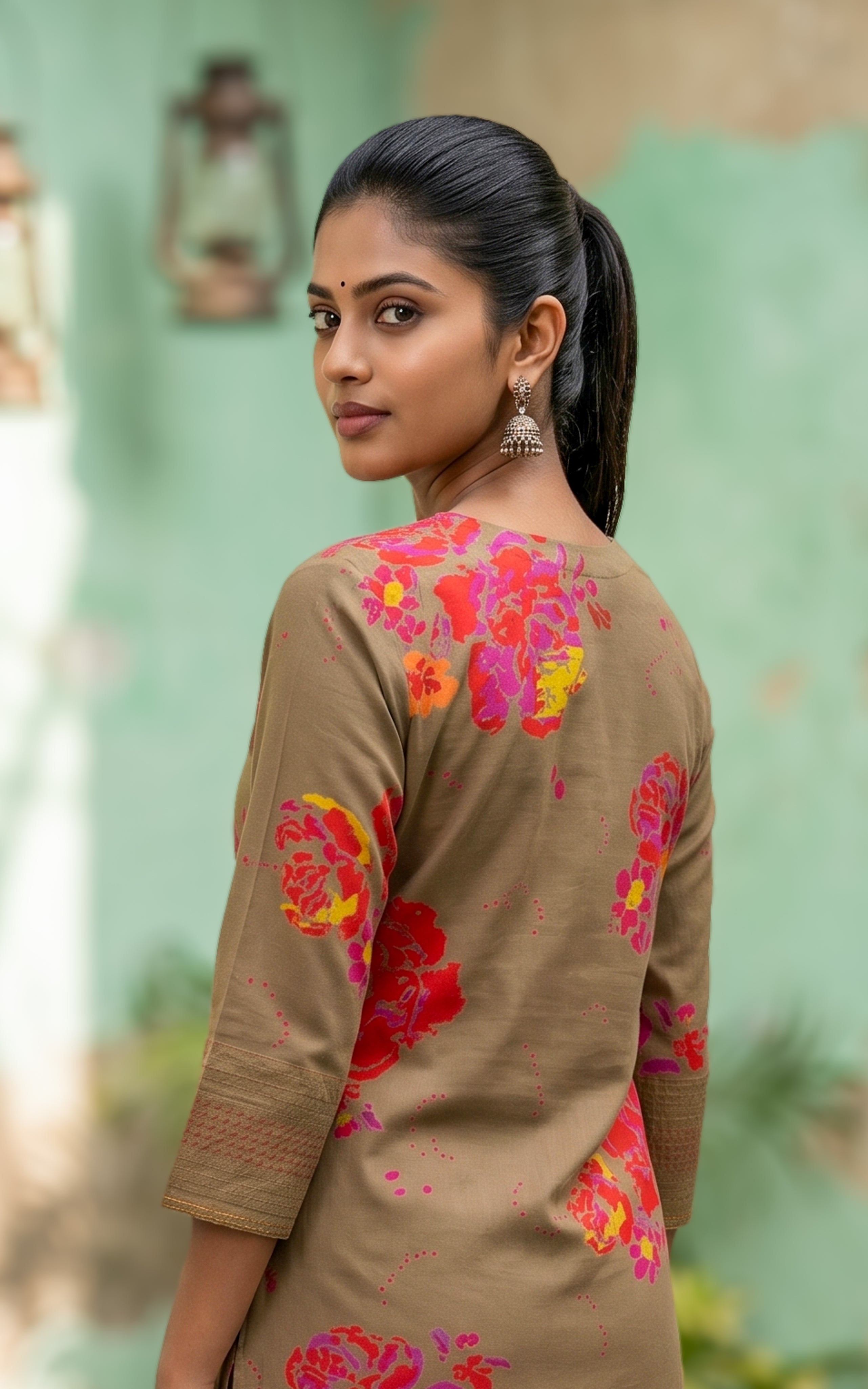 Traditional brown cotton kurti set for women
