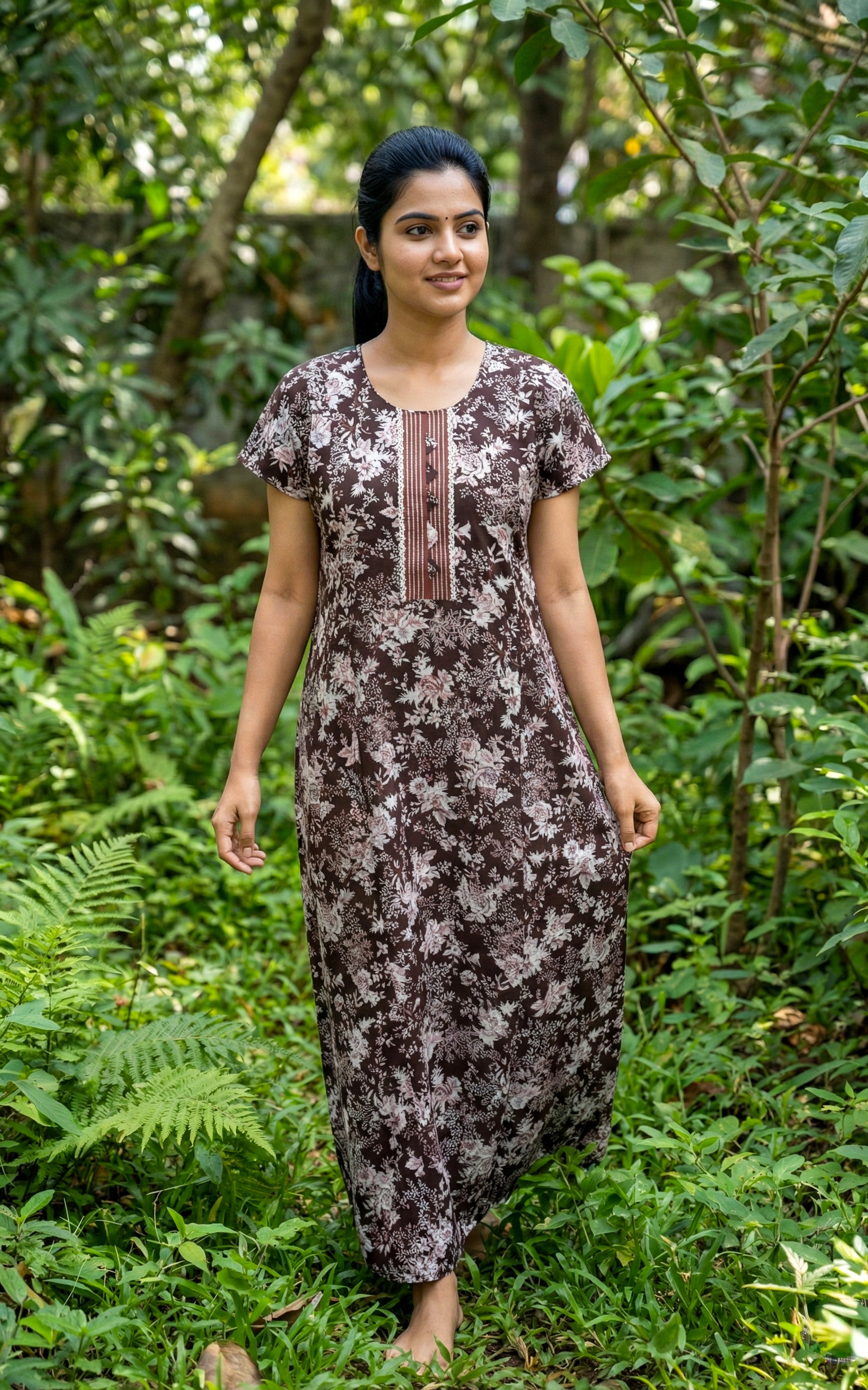 Instore – Chocolate Brown Cotton Long Nighty, All-Over Floral Print, Round Neck with Contrast Front Placket Detailing, Straight Fit, Women's Sleepwear