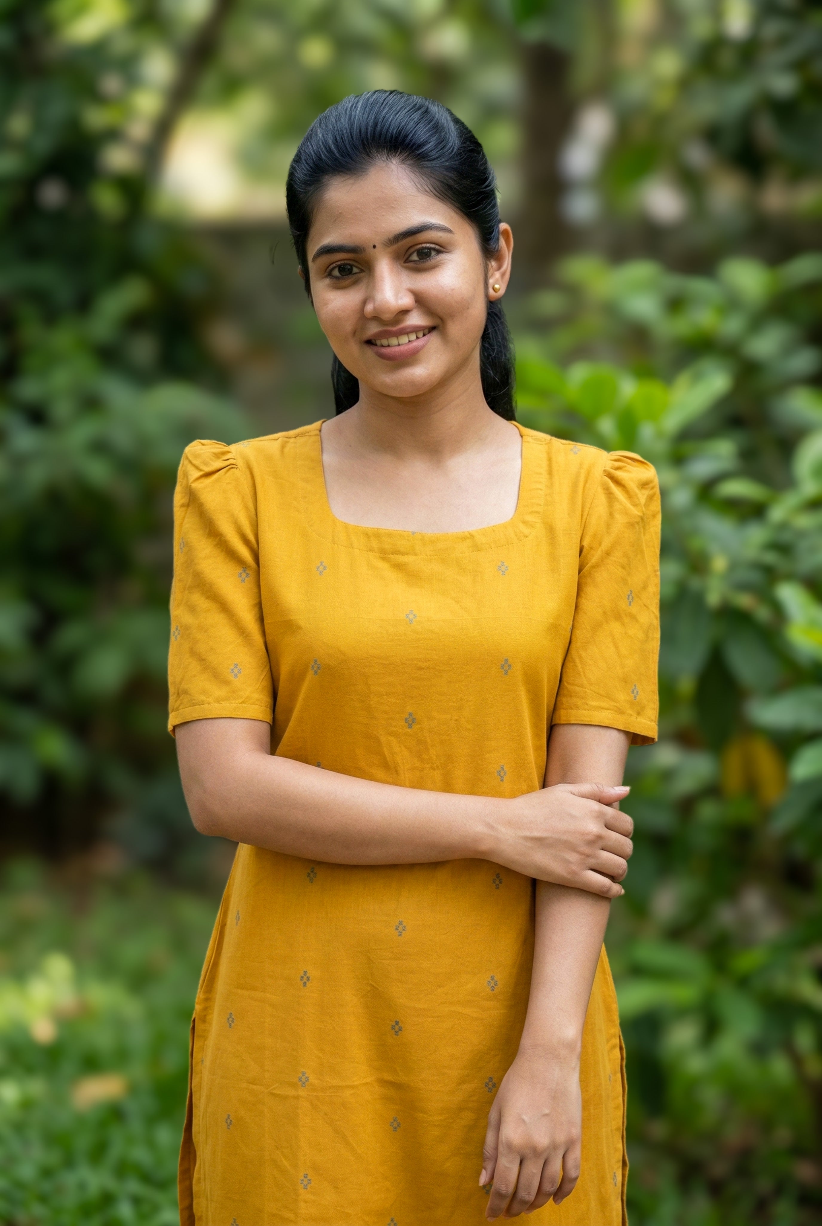 mustard cotton kurti daily wear
comfortable straight cut kurti
casual kurti with puff sleeves and side slit
soft cotton kurti for everyday wear