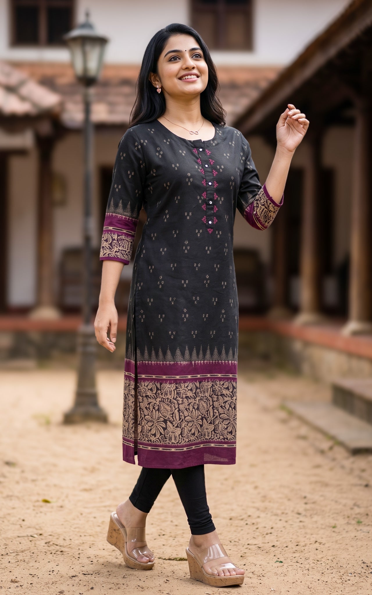 Black and Plum Cotton Straight Cut Kurti for Women