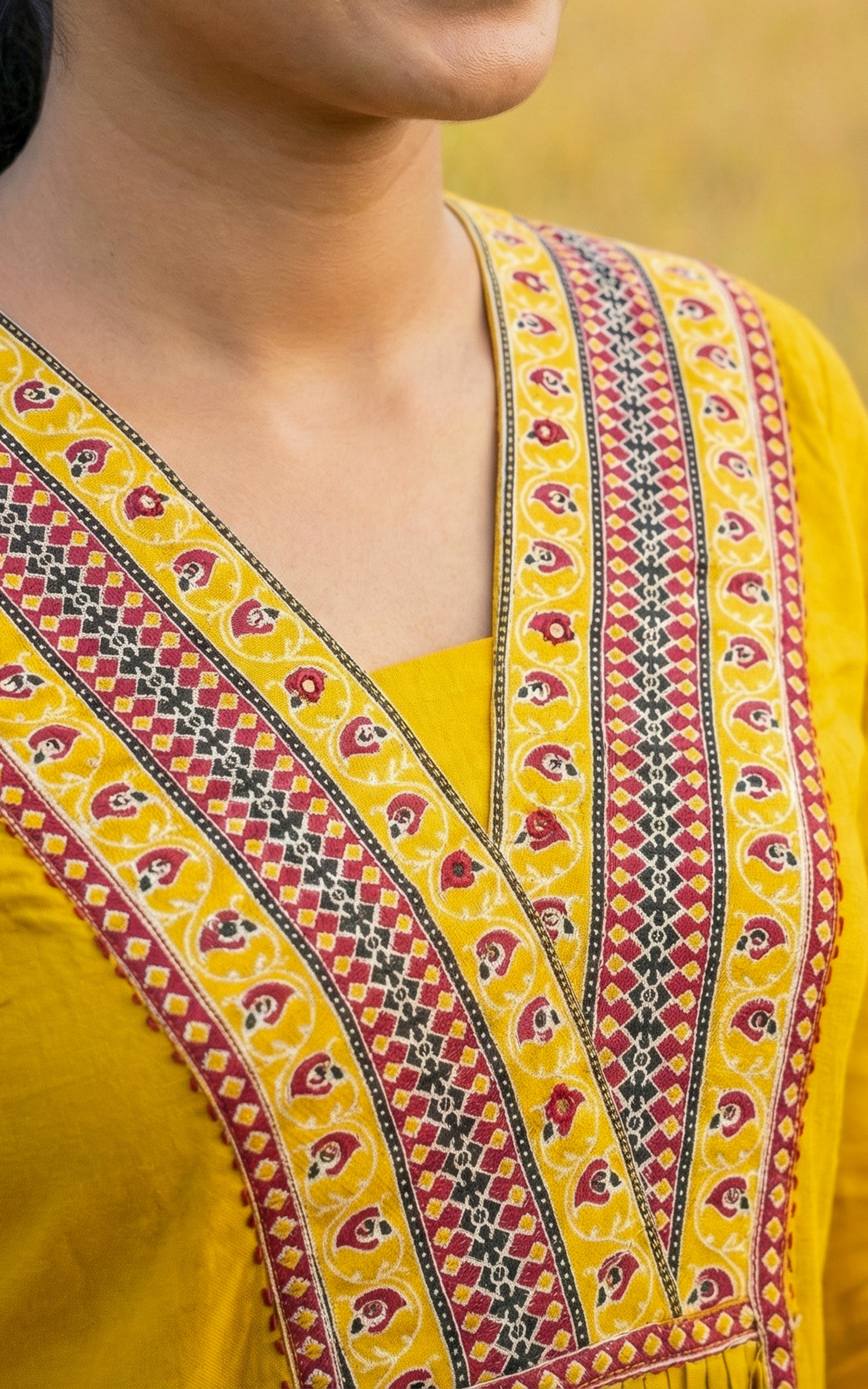 Instore - Mustard Cotton, V-Neck Embroidery Aline Kurti with Side Slit with Dupatta & Full Elastic Waistband Pant