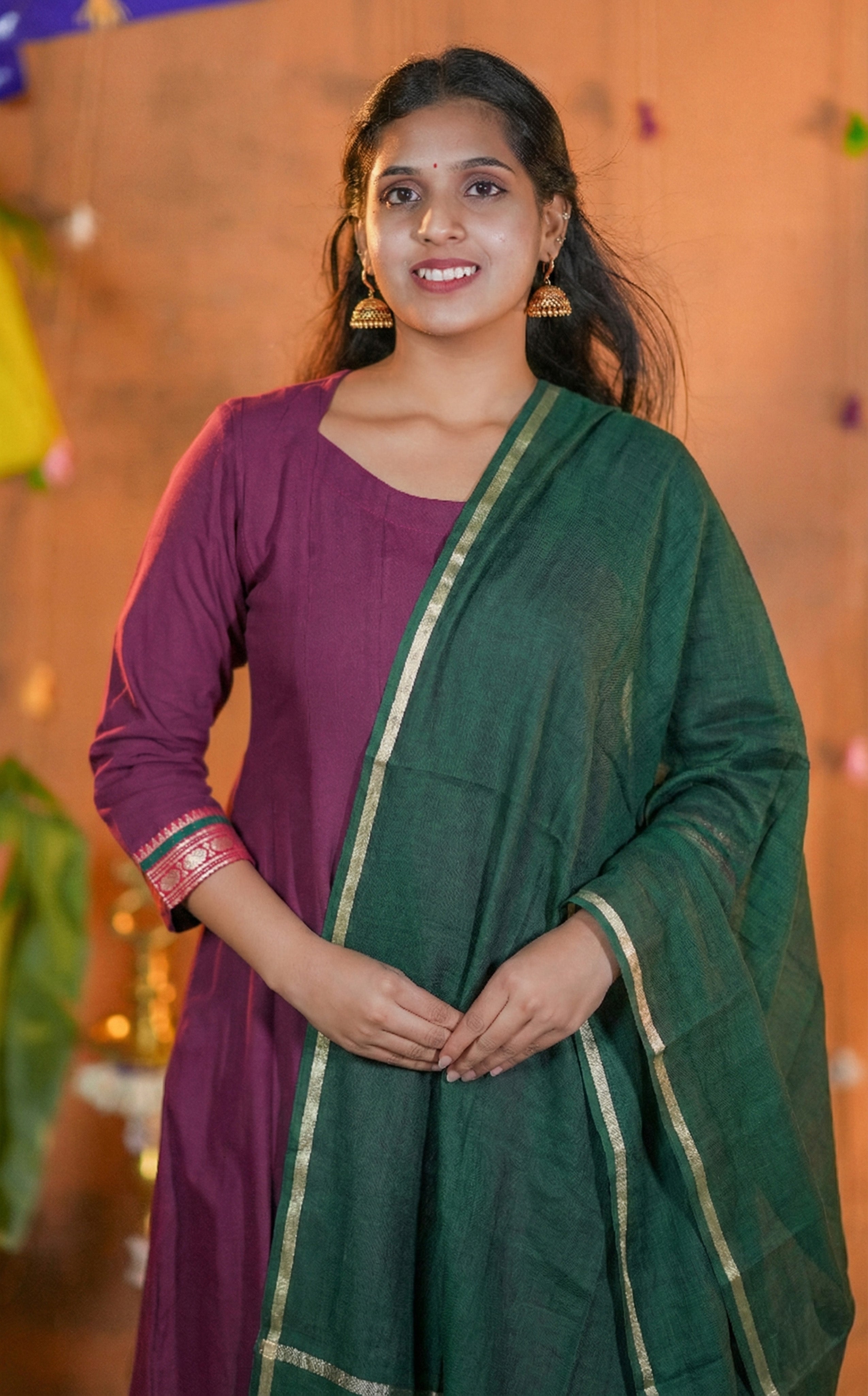 Instore - South Cotton Plum Full Flared Anarkali with One Side Pocket & One side Pocket & Dupatta