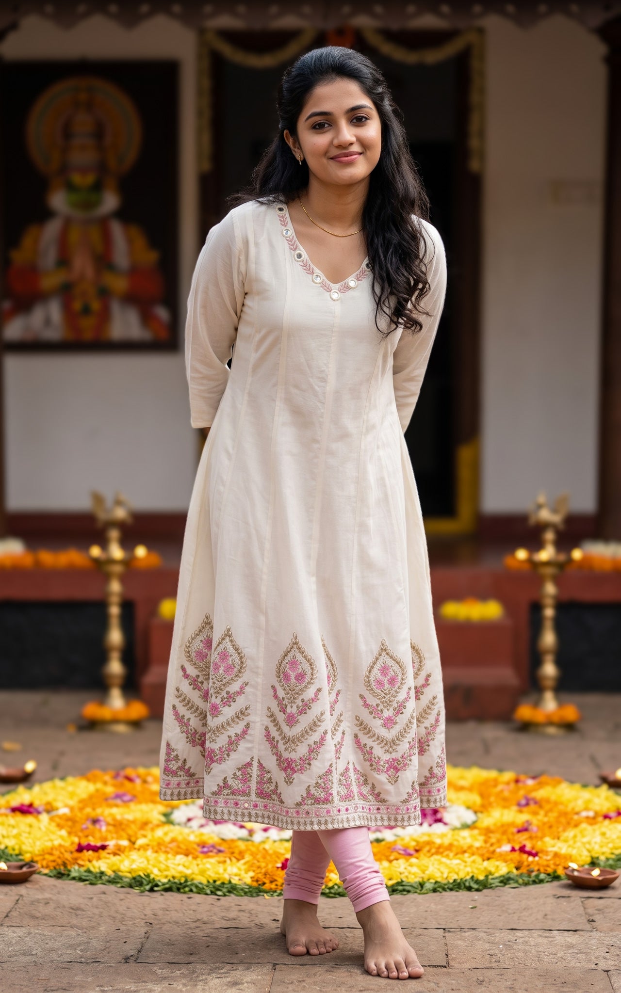 Off White Cotton Onam Festive Wear Kurti for Women