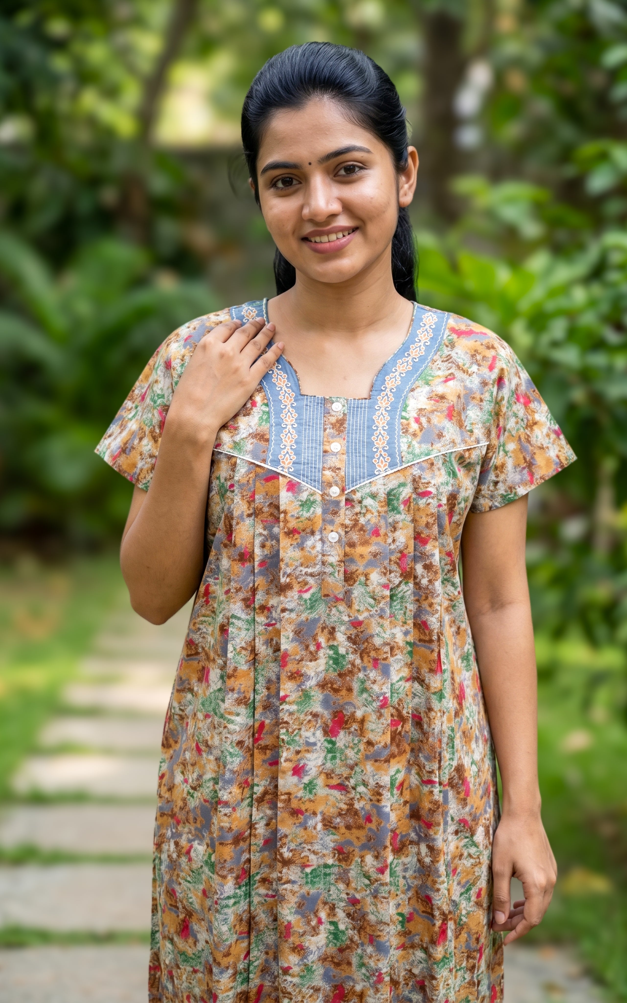 Instore - Multicolor Abstract Floral Print Cotton Long Nighty with Side Pocket, Relaxed Fit, Women's Sleepwear