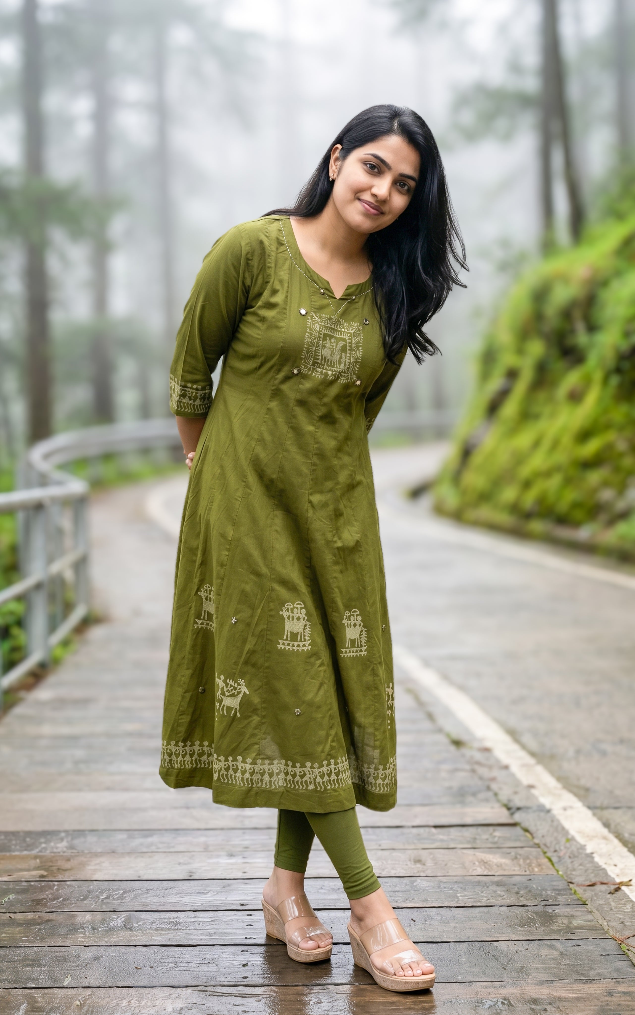 Mehandi green cotton Anarkali kurti for women