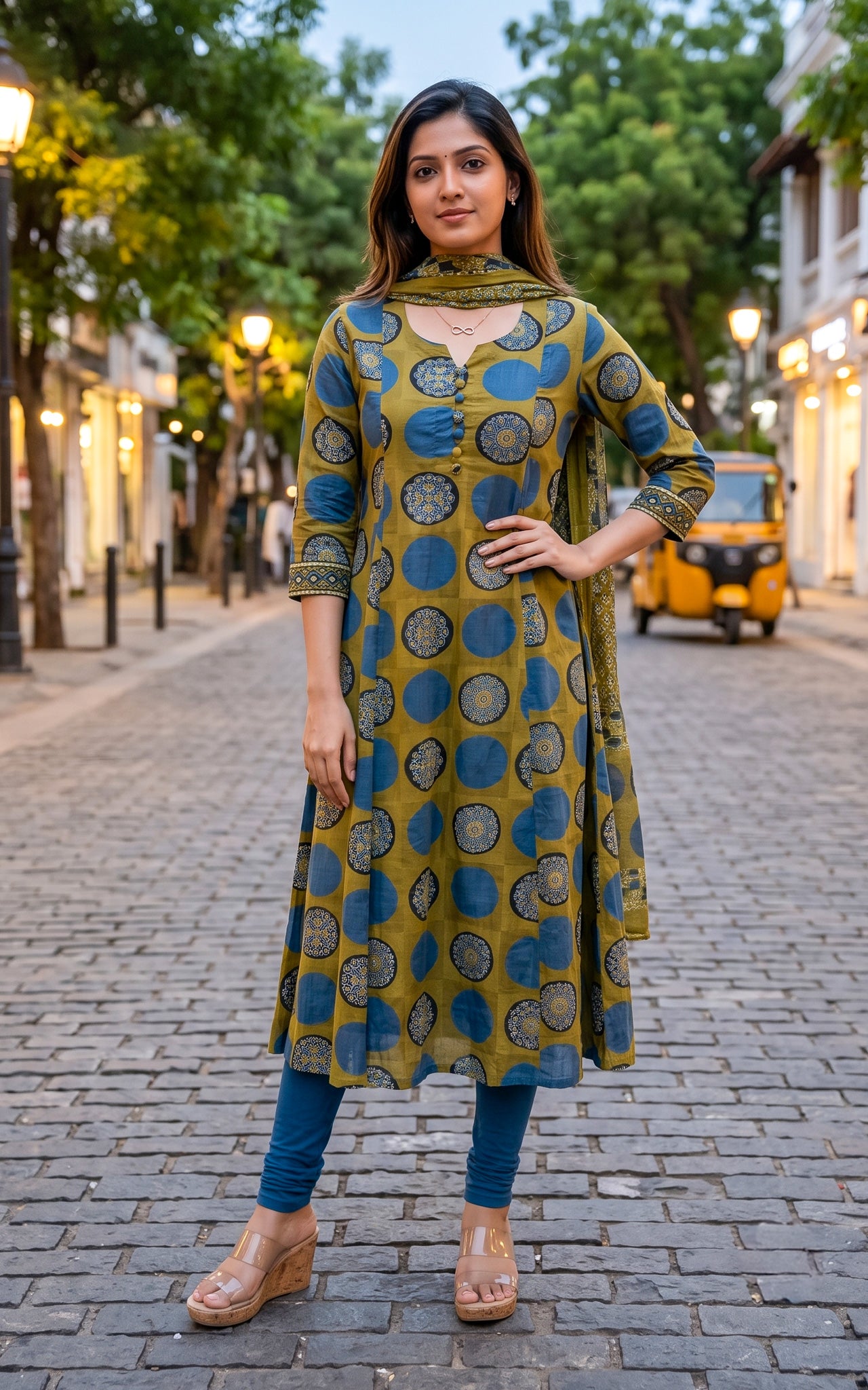 Green Cotton Anarkali Kurti Dupatta for Women
